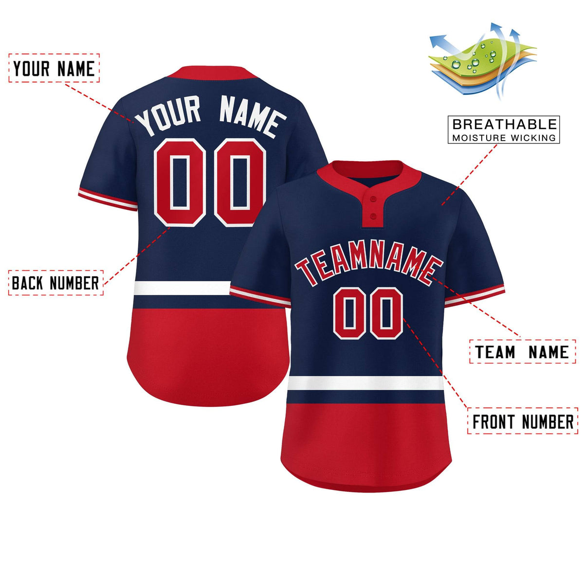 Custom Navy White-Red Color Block Personalized Authentic Two-Button Softball Jersey