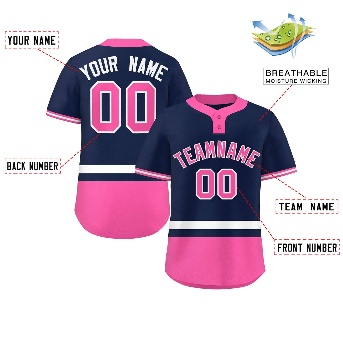 Custom Navy White-Pink Color Block Personalized Authentic Two-Button Softball Jersey