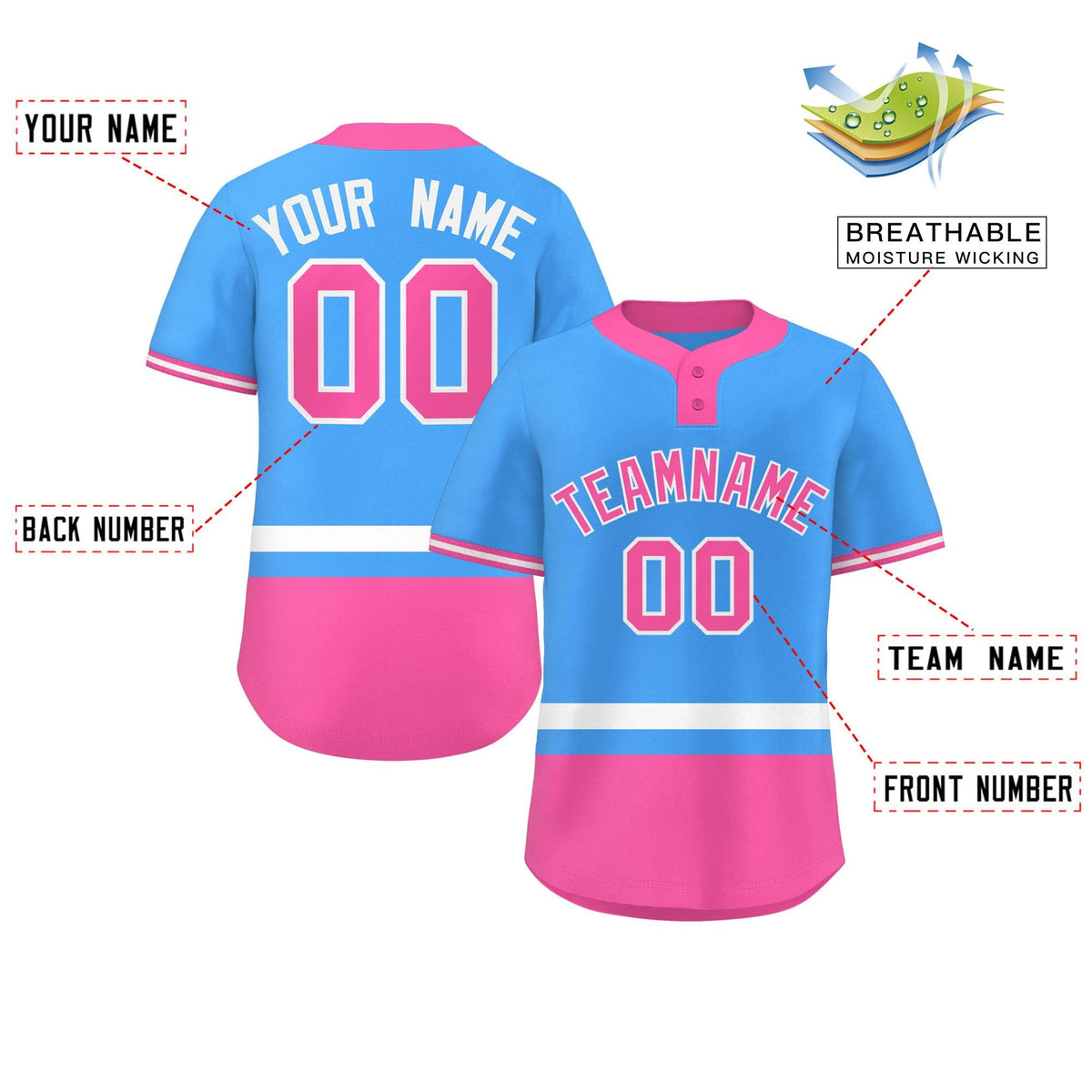 Custom Powder Blue White-Pink Color Block Personalized Authentic Two-Button Softball Jersey