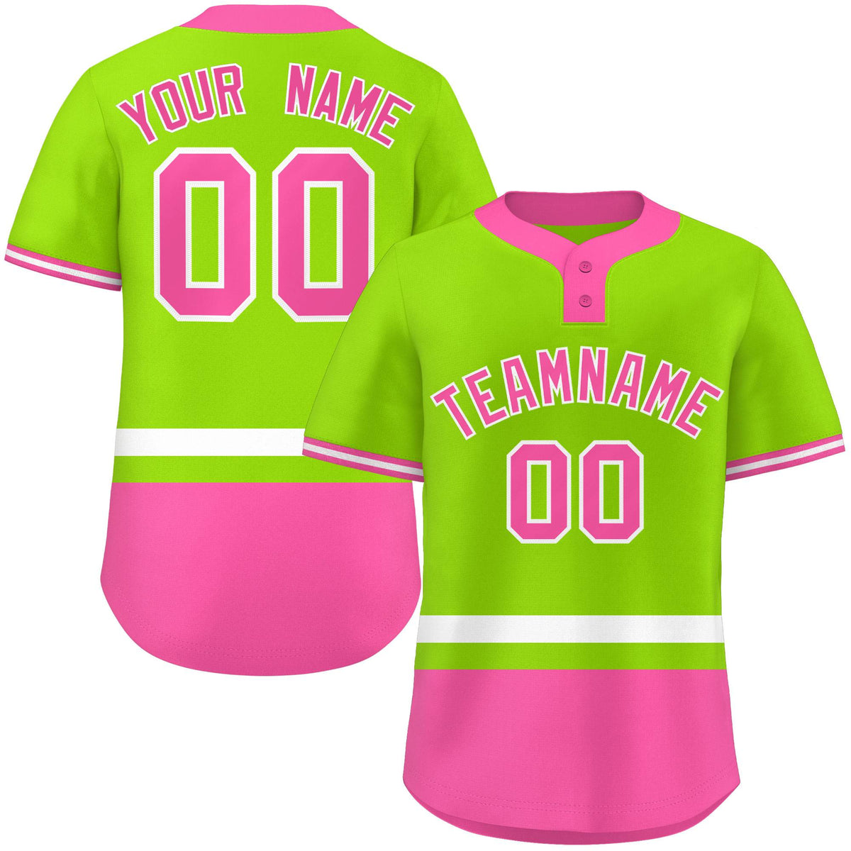 Custom Neon Green White-Pink Color Block Personalized Authentic Two-Button Softball Jersey