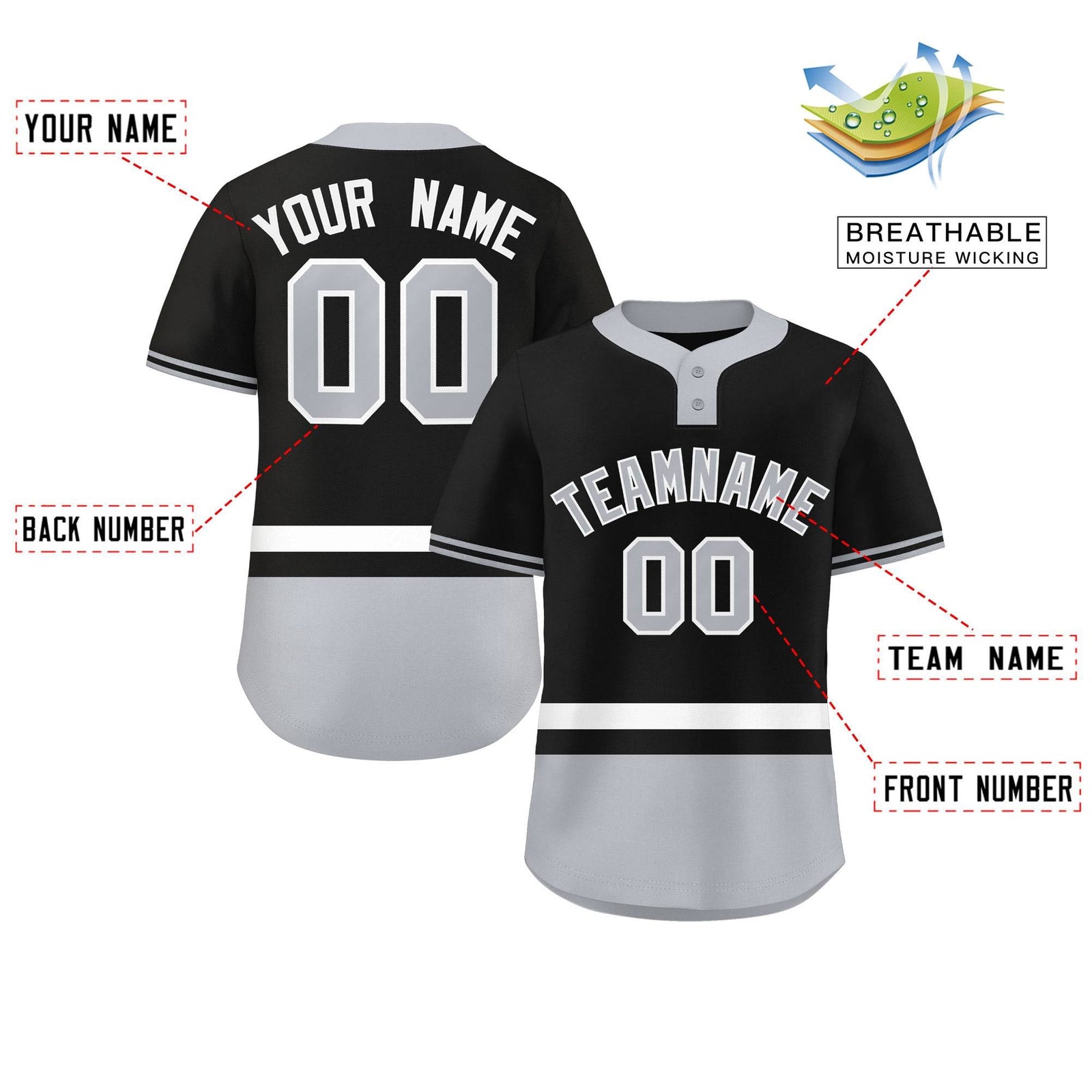 Custom Black White-Gray Color Block Personalized Authentic Two-Button Softball Jersey