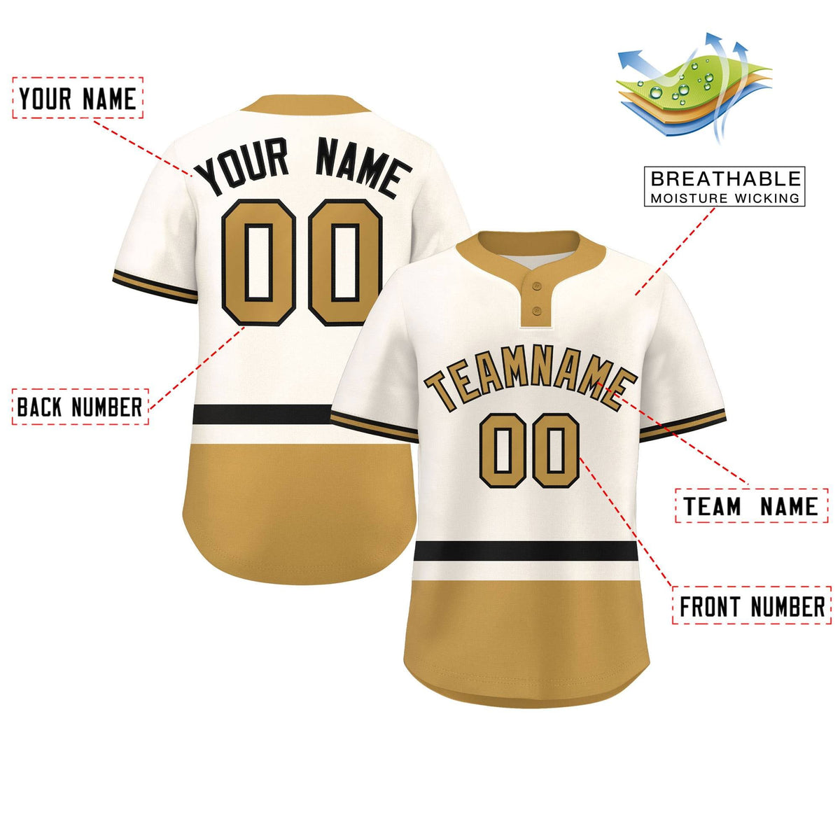 Custom Cream Black-Old Gold Color Block Personalized Authentic Two-Button Softball Jersey