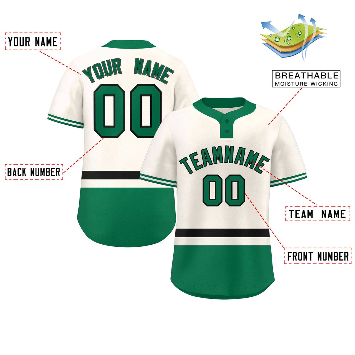 Custom Cream Black-Kelly Green Color Block Personalized Authentic Two-Button Softball Jersey