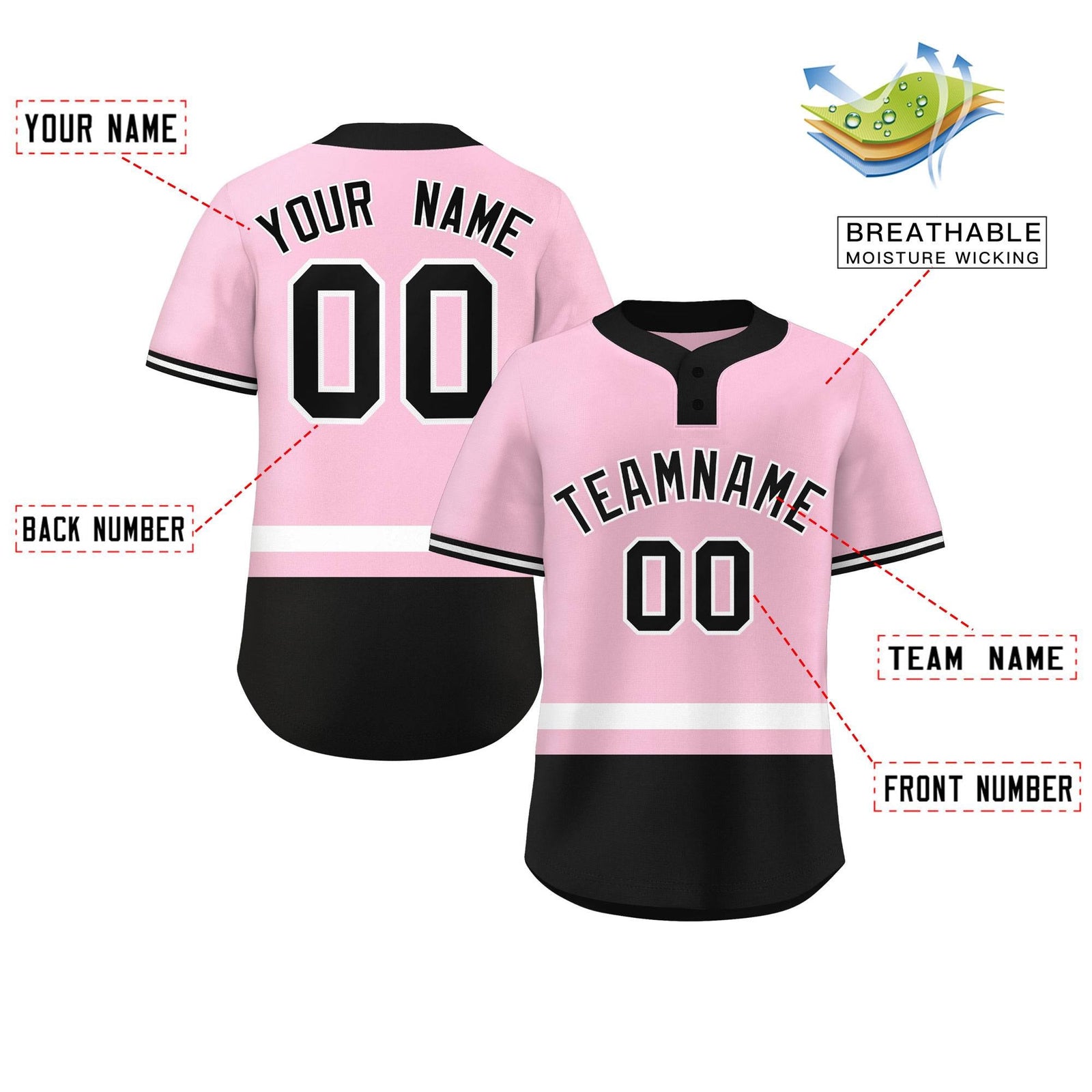 Custom Light Pink White-Black Color Block Personalized Authentic Two-Button Softball Jersey