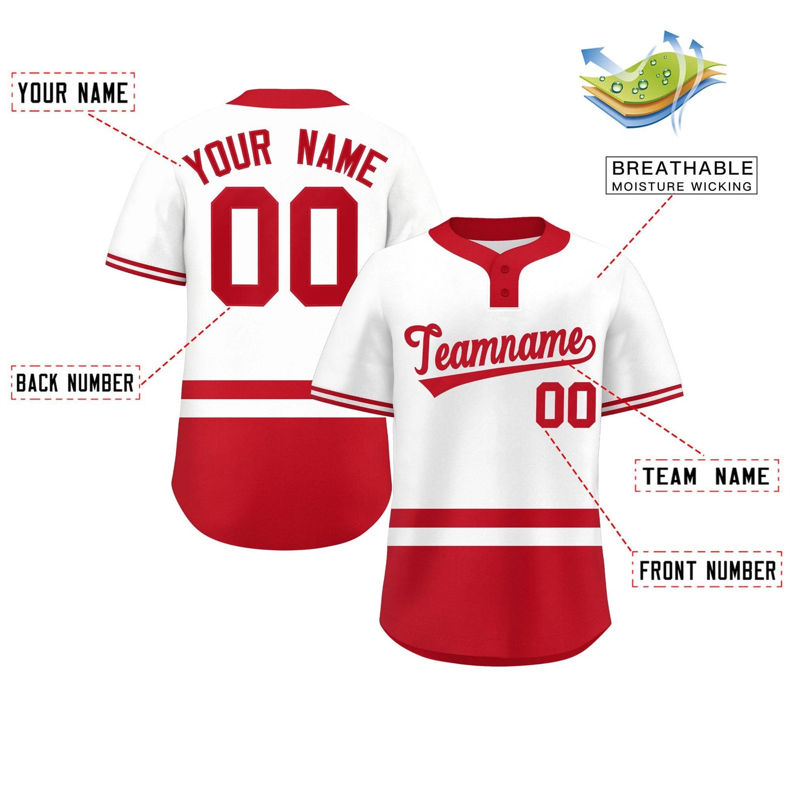 Custom White Red Color Block Personalized Authentic Two-Button Softball Jersey