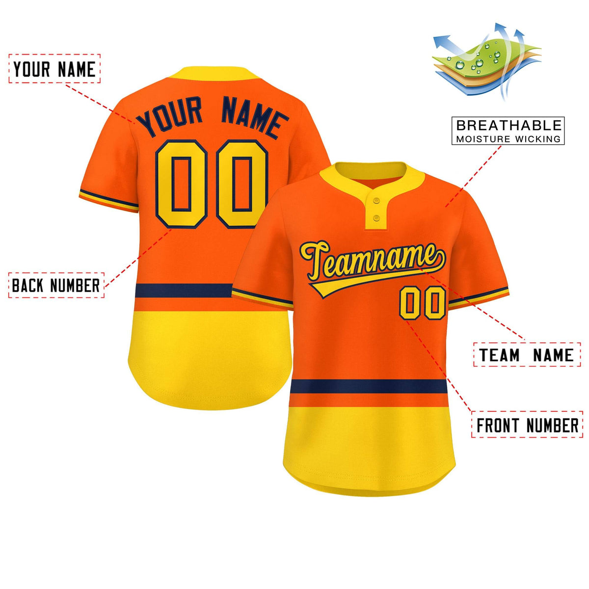 Custom Orange Navy-Gold Color Block Personalized Authentic Two-Button Softball Jersey