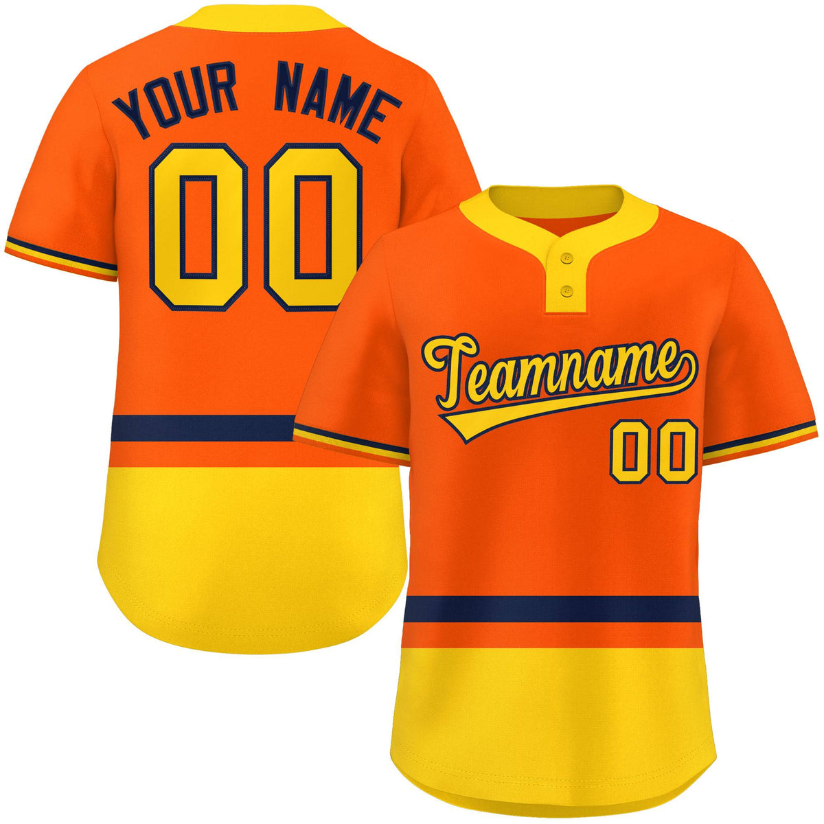Custom Orange Navy-Gold Color Block Personalized Authentic Two-Button Softball Jersey