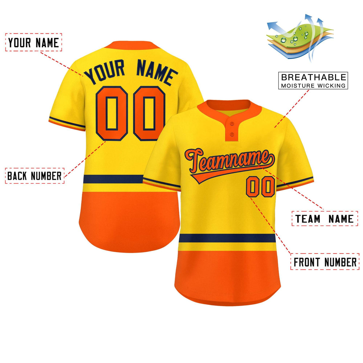 Custom Gold Navy-Orange Color Block Personalized Authentic Two-Button Softball Jersey