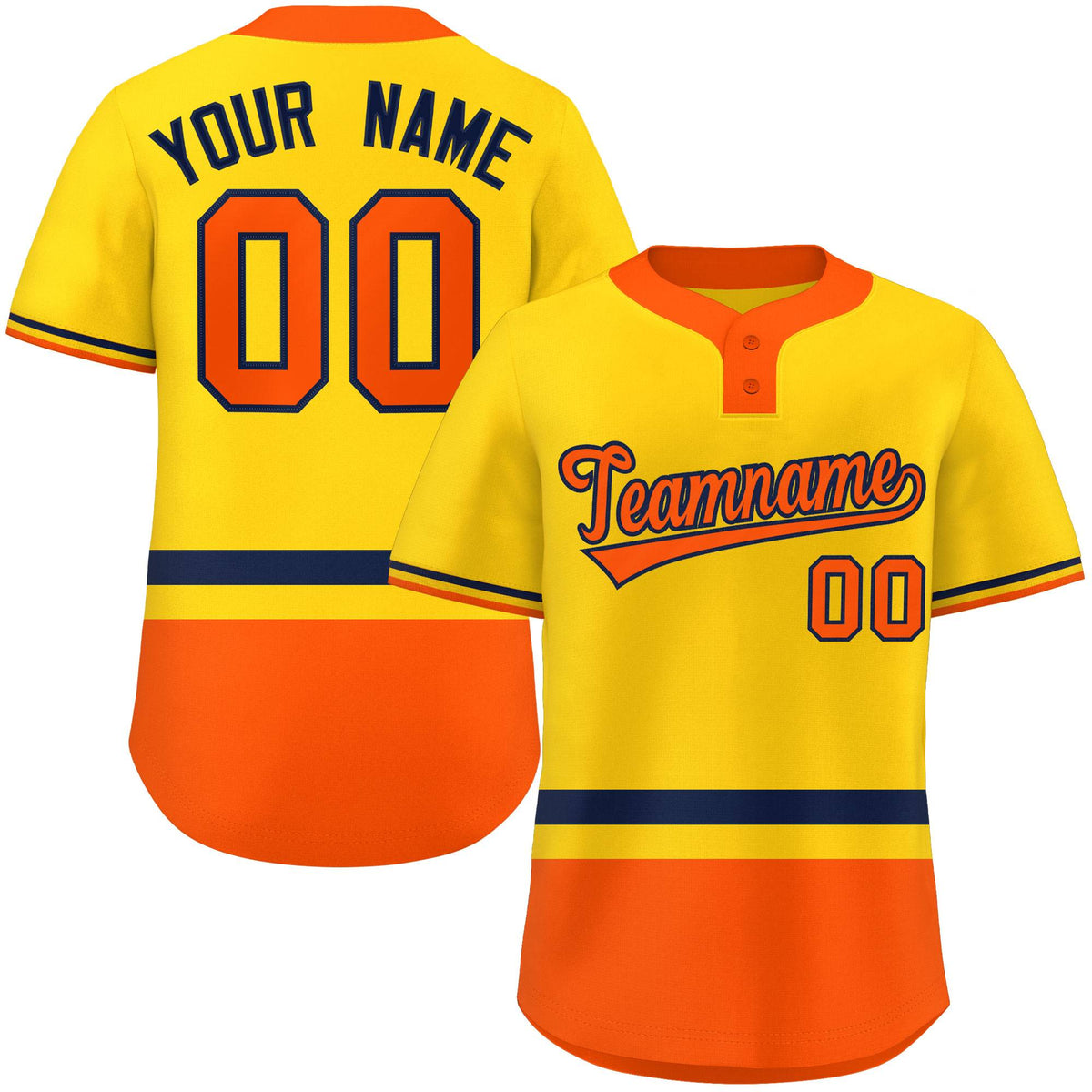 Custom Gold Navy-Orange Color Block Personalized Authentic Two-Button Softball Jersey