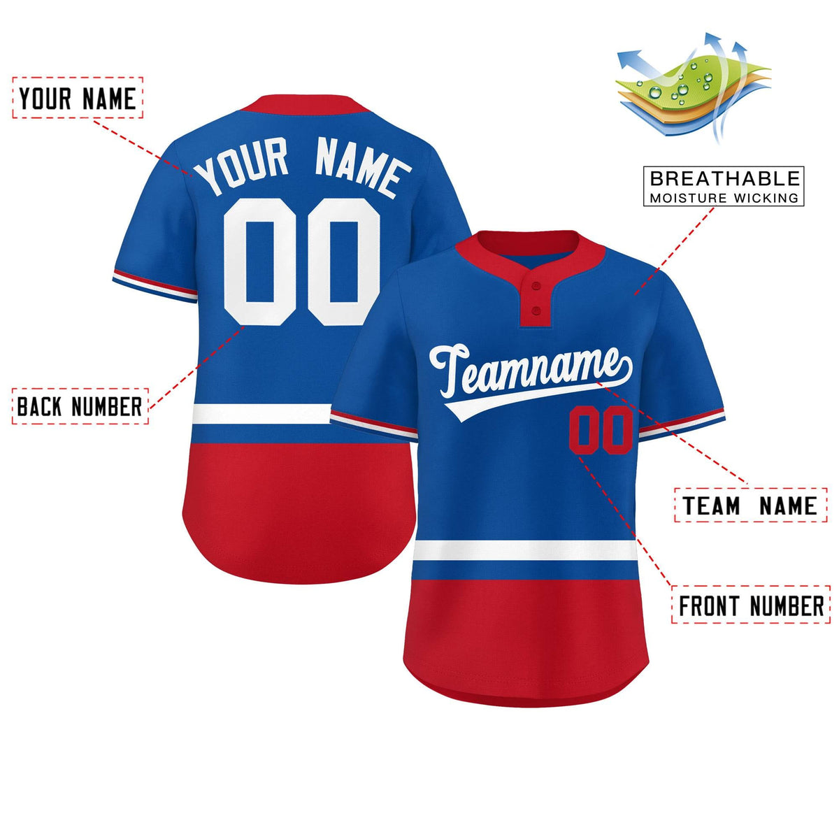 Custom Royal White-Red Color Block Personalized Authentic Two-Button Softball Jersey