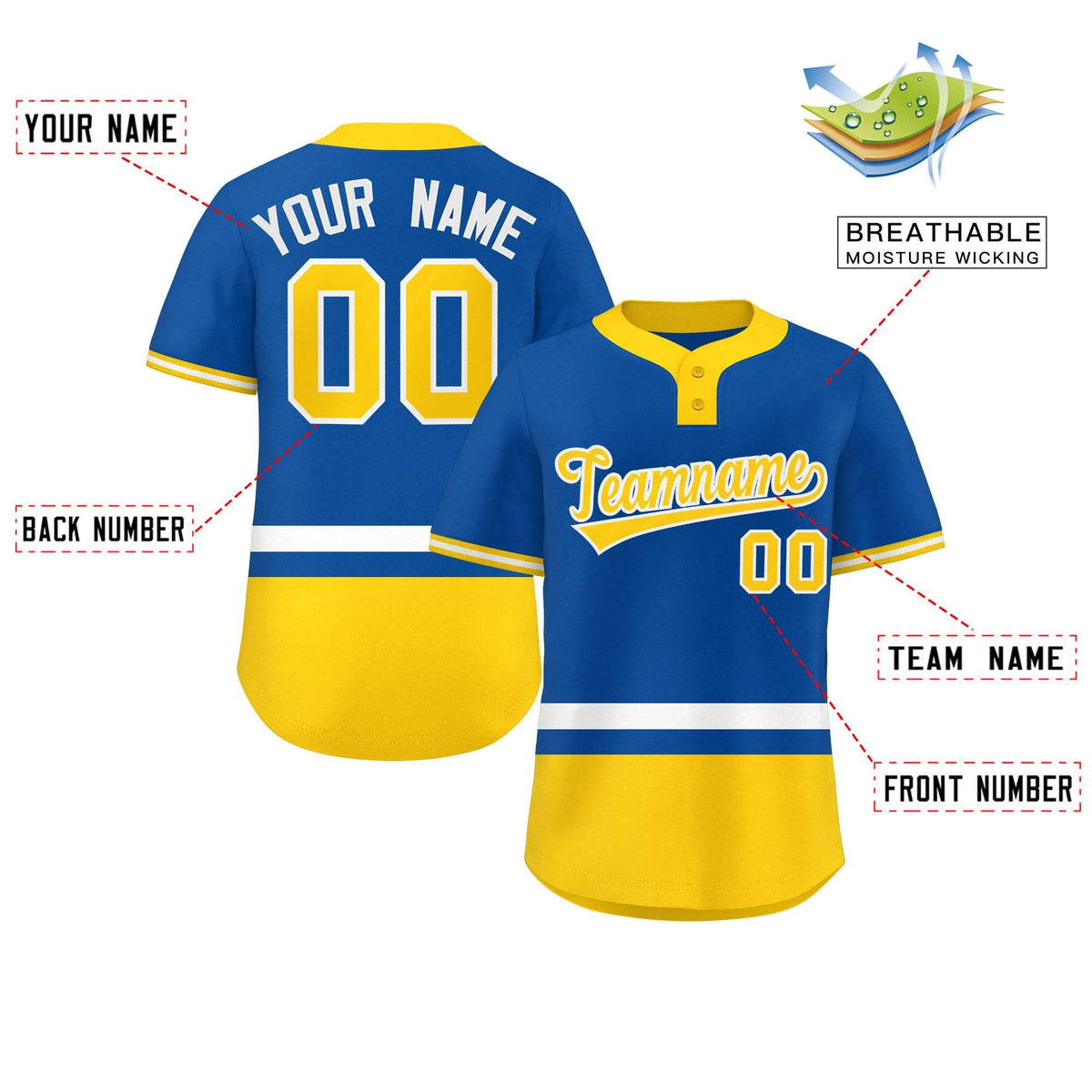Custom Royal White-Gold Color Block Personalized Authentic Two-Button Softball Jersey