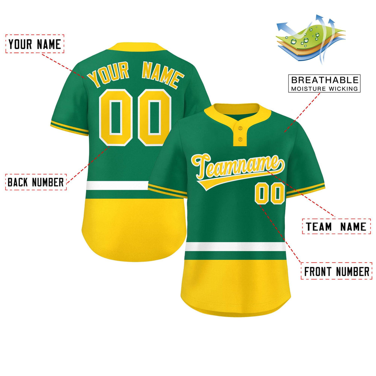 Custom Kelly Green White-Gold Color Block Personalized Authentic Two-Button Softball Jersey