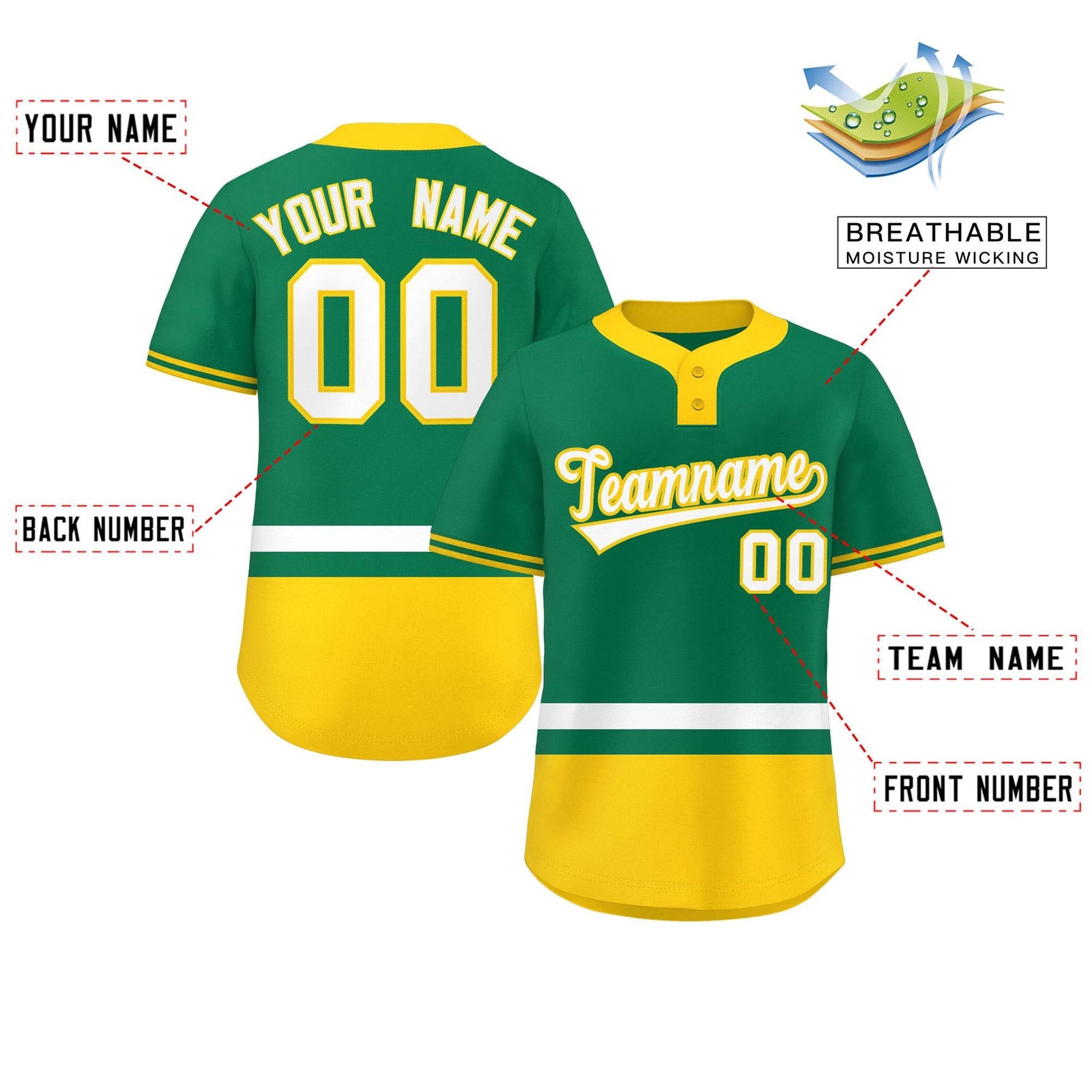 Custom Kelly Green White-Gold Color Block Personalized Authentic Two-Button Softball Jersey