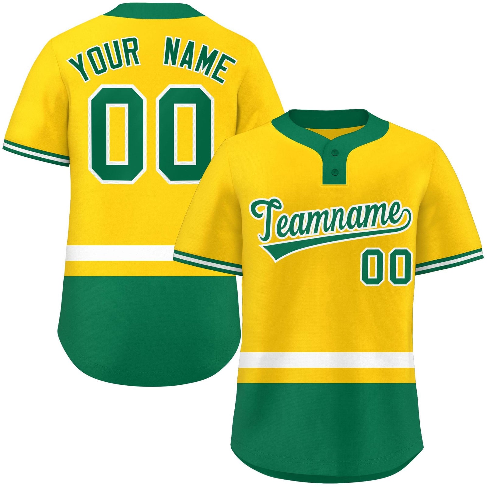 Custom Gold White-Kelly Green Color Block Personalized Authentic Two-Button Softball Jersey