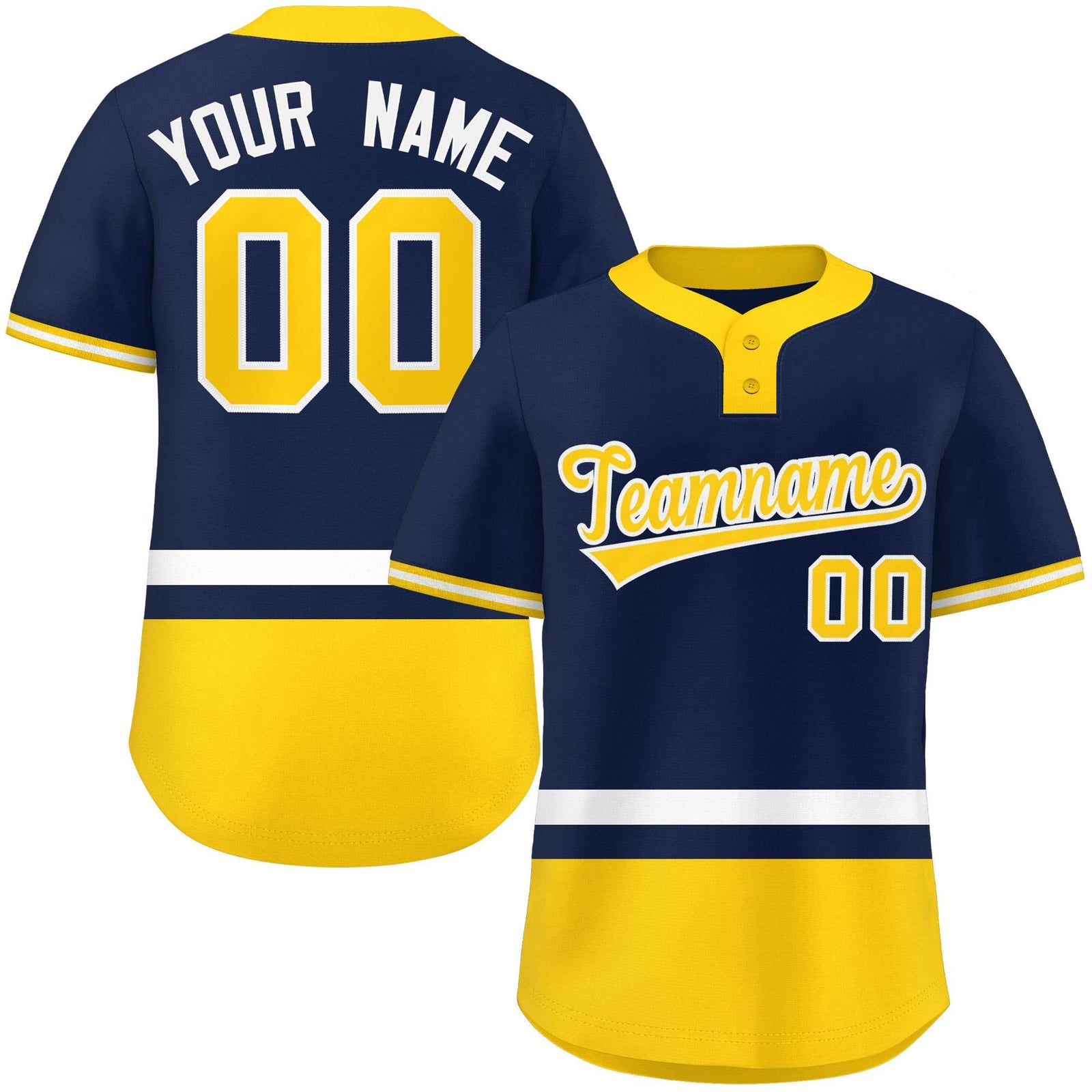 Custom Navy White-Gold Color Block Personalized Authentic Two-Button Softball Jersey