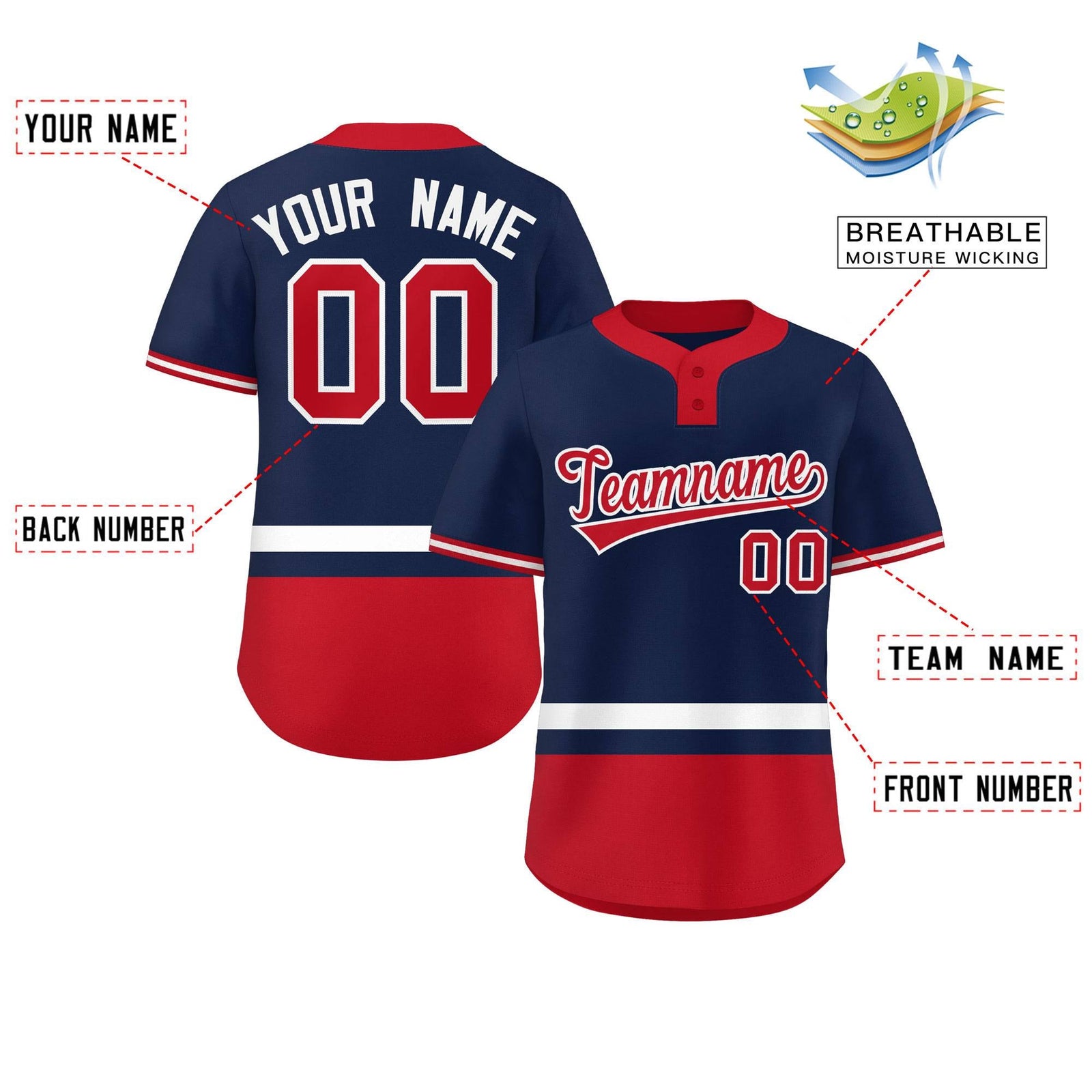 Custom Navy White-Red Color Block Personalized Authentic Two-Button Softball Jersey