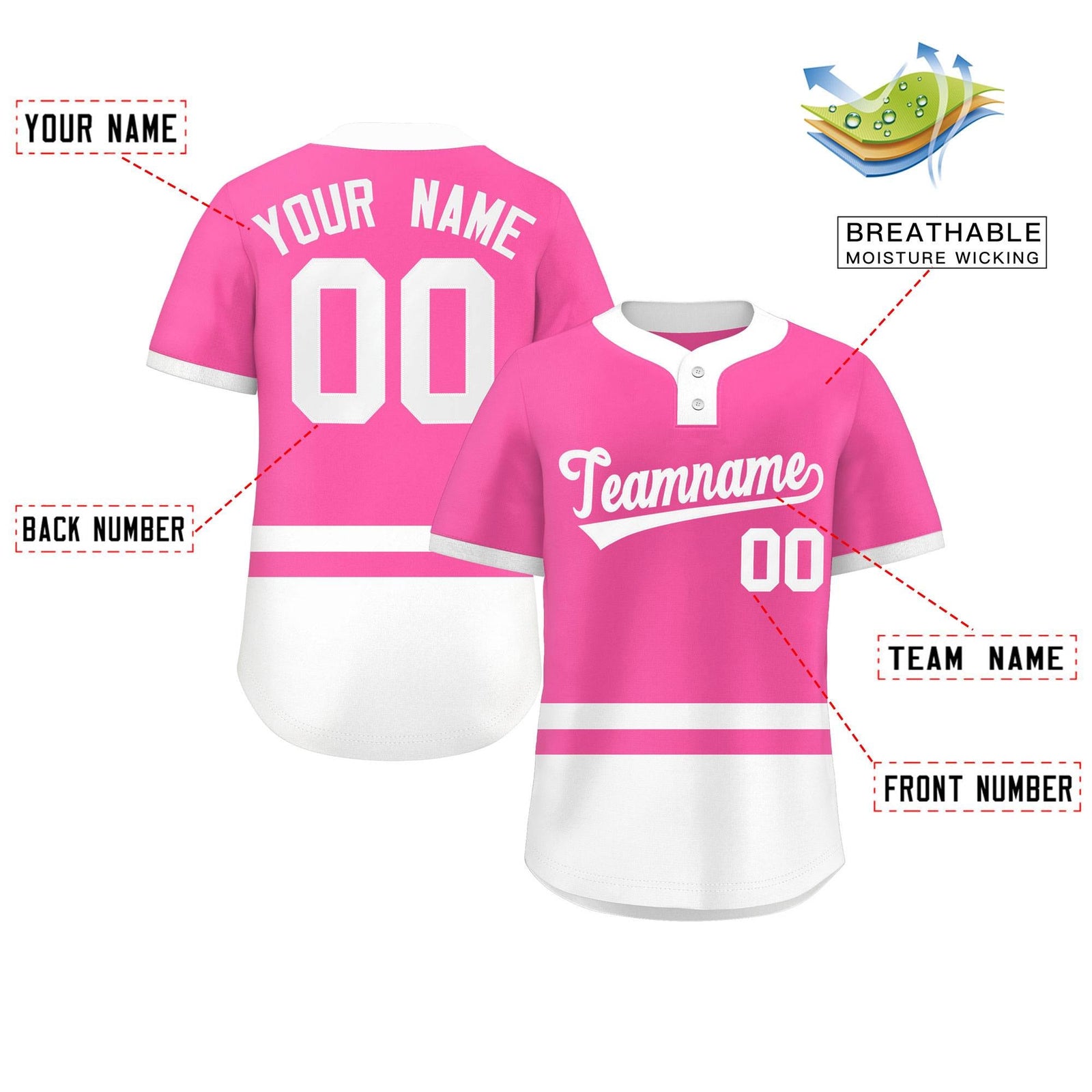 Custom Pink White Color Block Personalized Authentic Two-Button Softball Jersey