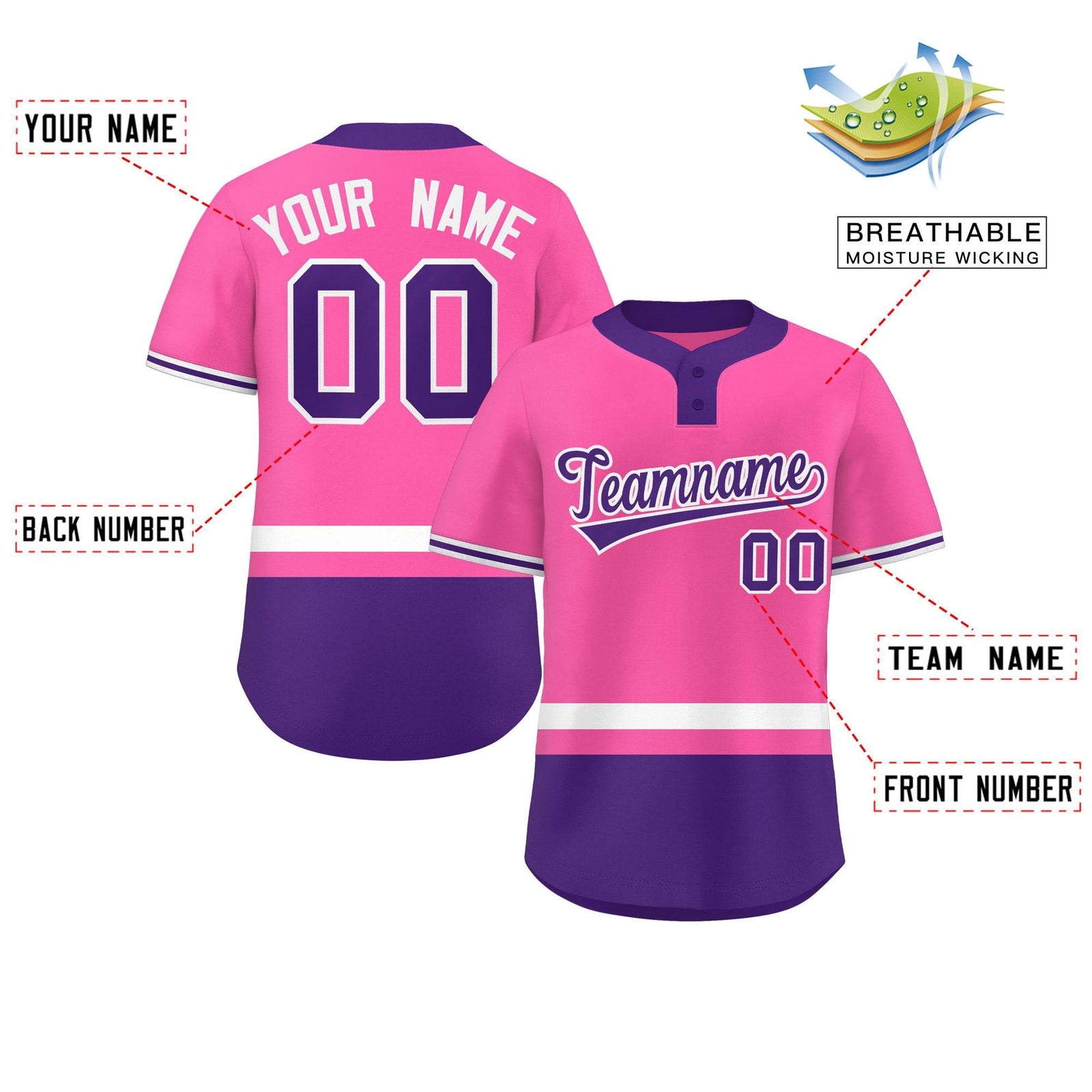 Custom Pink White-Purple Color Block Personalized Authentic Two-Button Softball Jersey