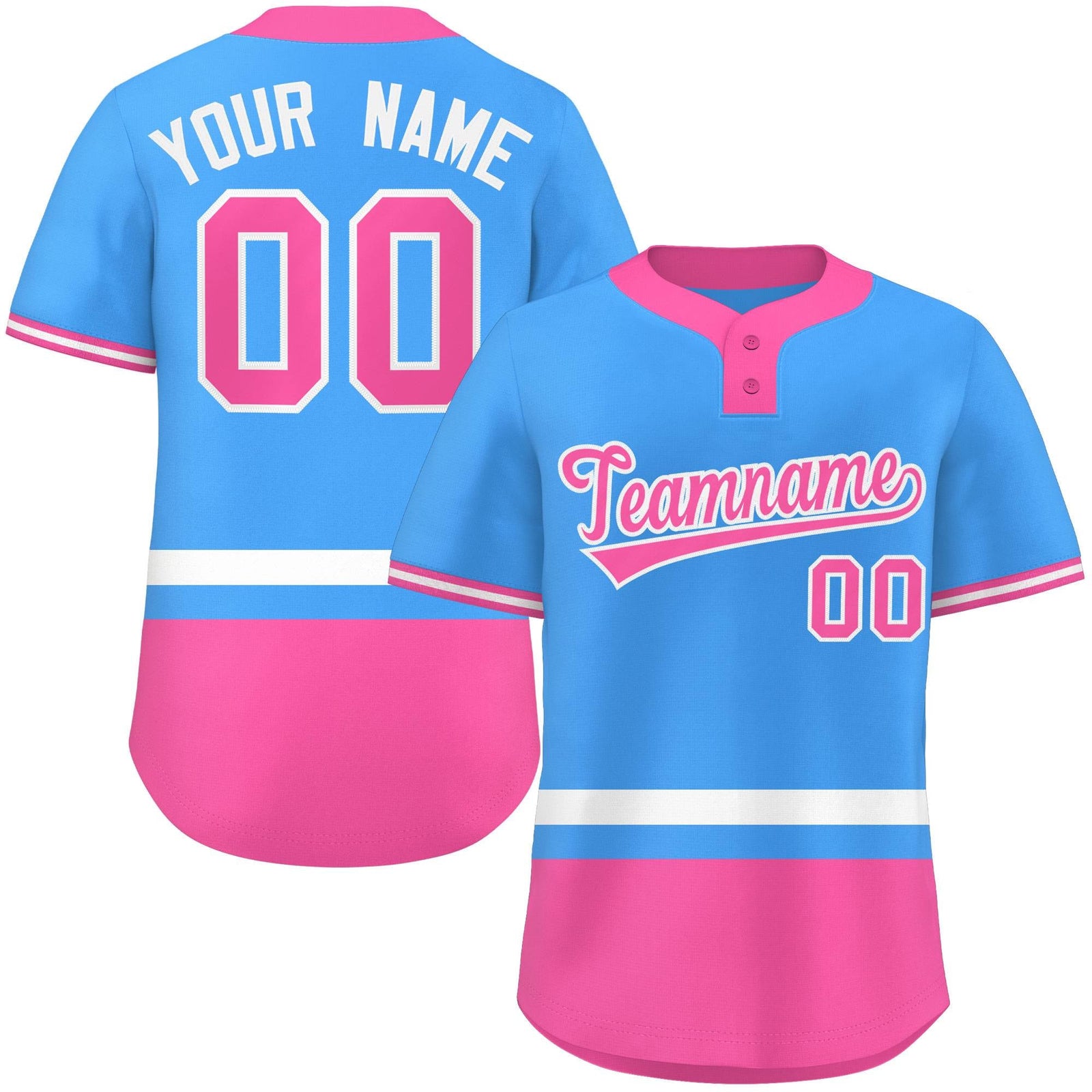 Custom Powder Blue White-Pink Color Block Personalized Authentic Two-Button Softball Jersey