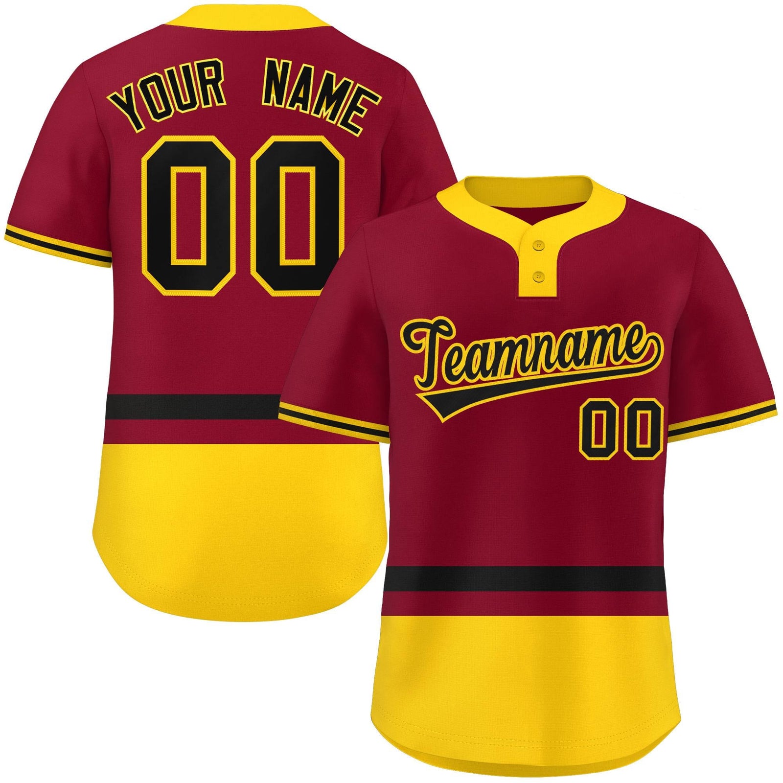 Custom Crimson Black-Gold Color Block Personalized Authentic Two-Button Softball Jersey