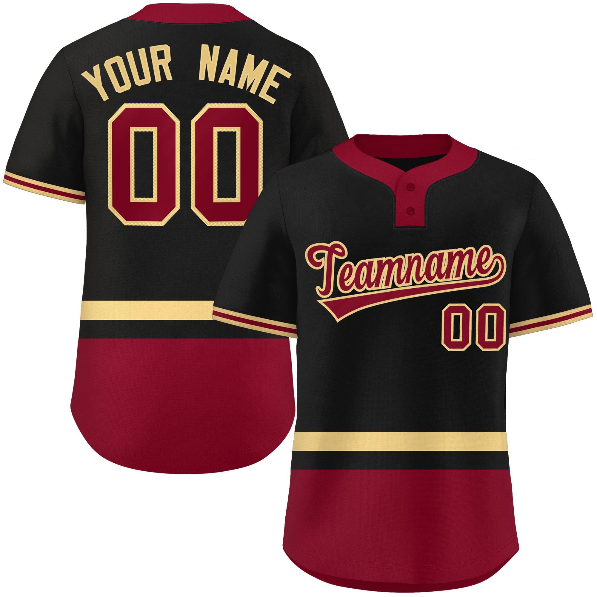 Custom Black Khaki-Crimson Color Block Personalized Authentic Two-Button Softball Jersey