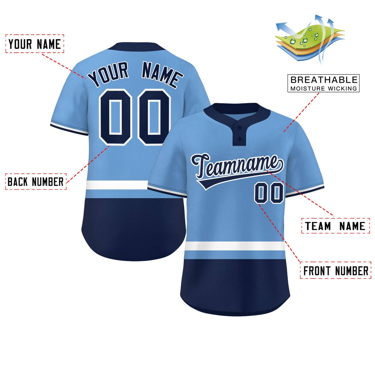 Custom Light Blue White-Navy Color Block Personalized Authentic Two-Button Softball Jersey