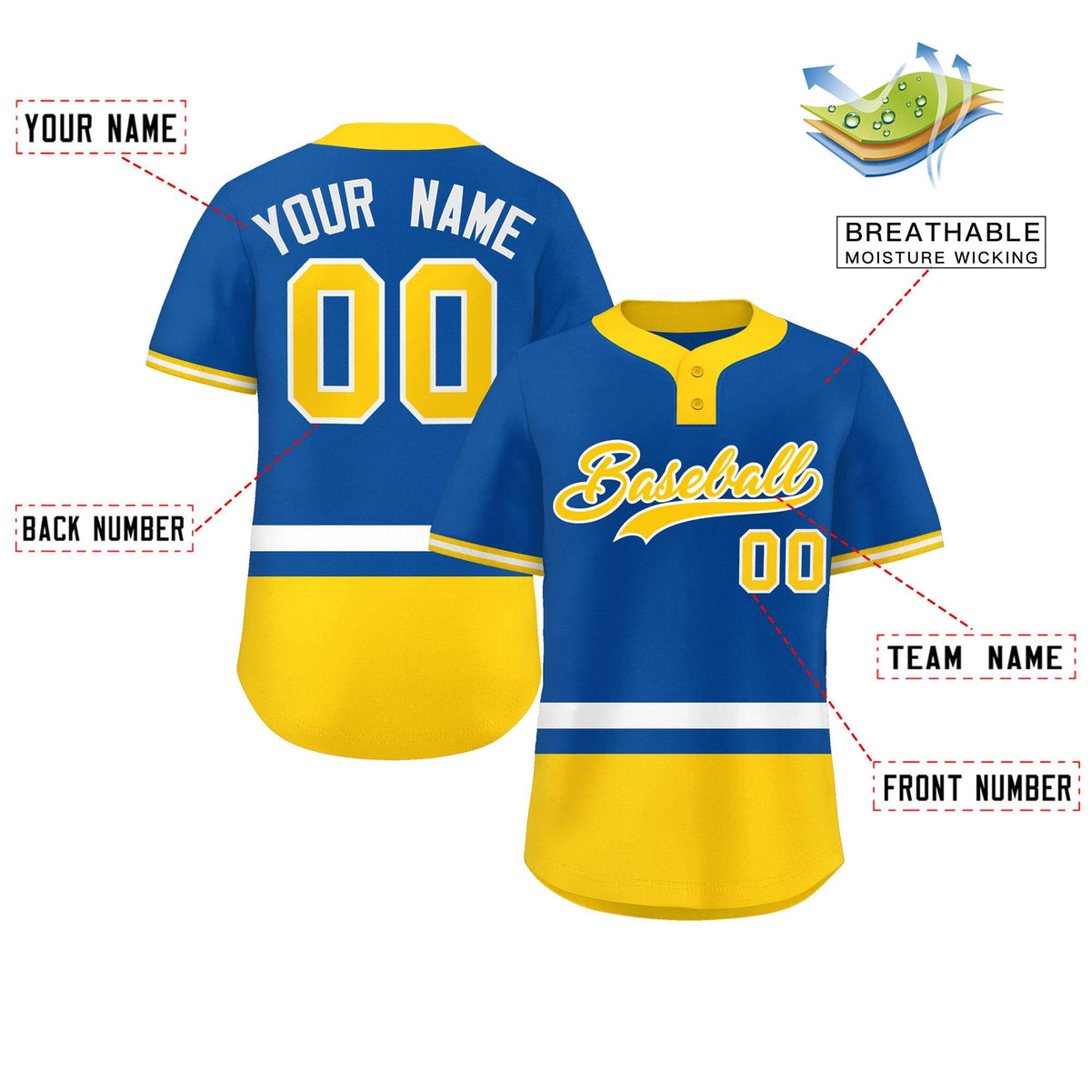 Custom Royal White-Gold Color Block Personalized Authentic Two-Button Softball Jersey