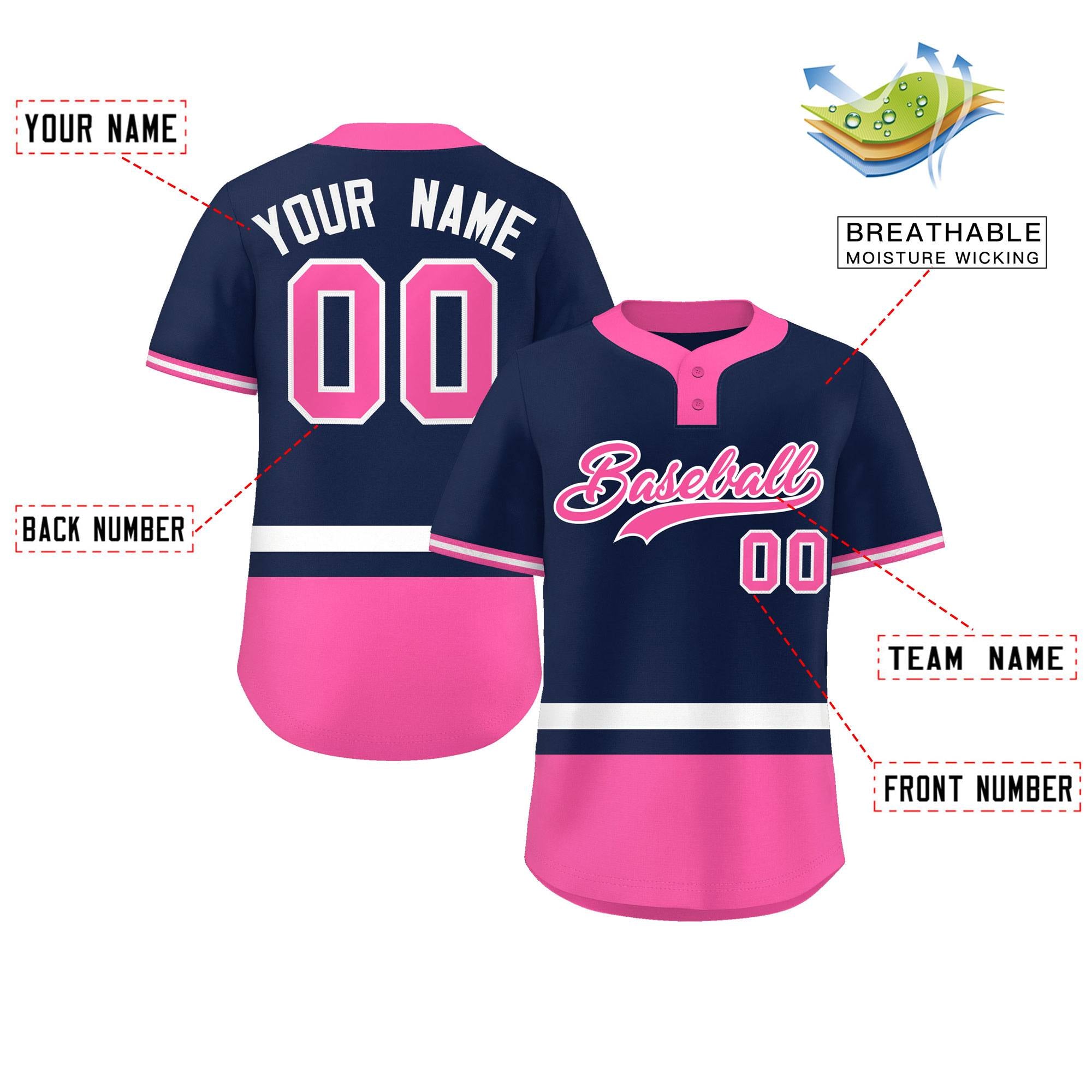 Custom Navy White-Pink Color Block Personalized Authentic Two-Button Softball Jersey