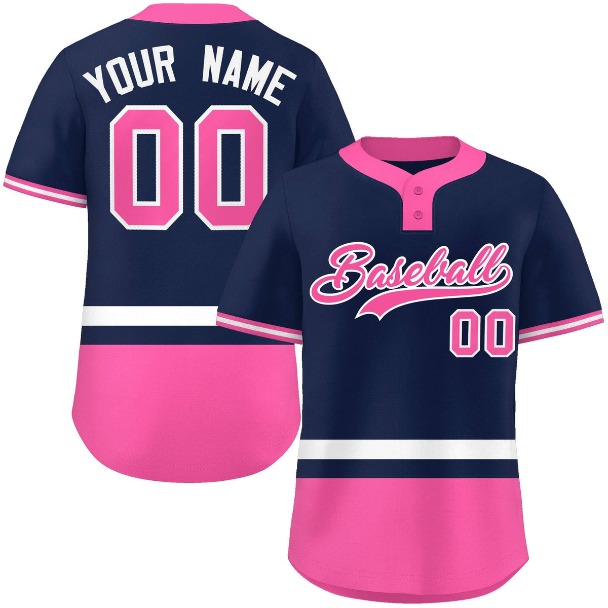 Custom Navy White-Pink Color Block Personalized Authentic Two-Button Softball Jersey