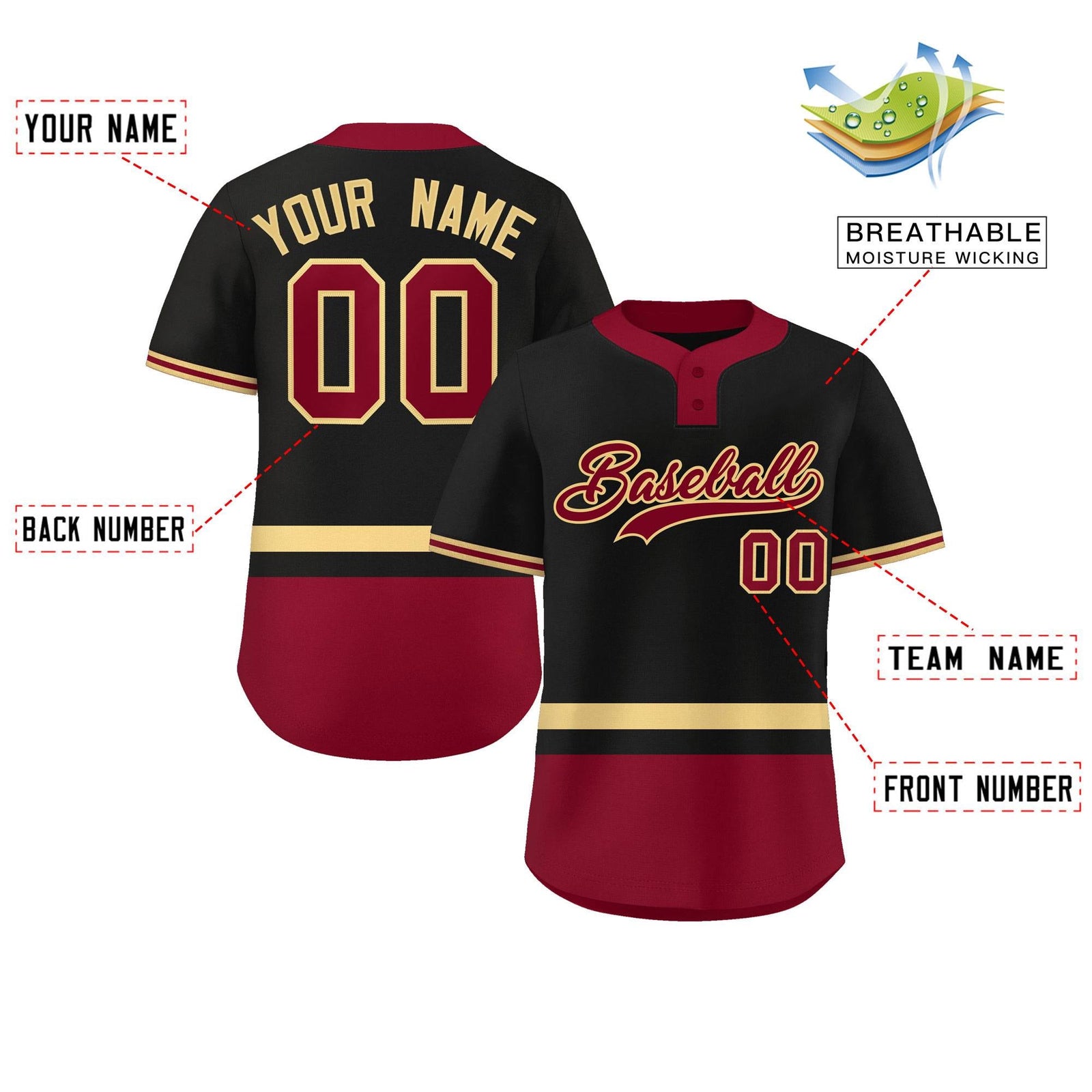 Custom Black Khaki-Crimson Color Block Personalized Authentic Two-Button Softball Jersey