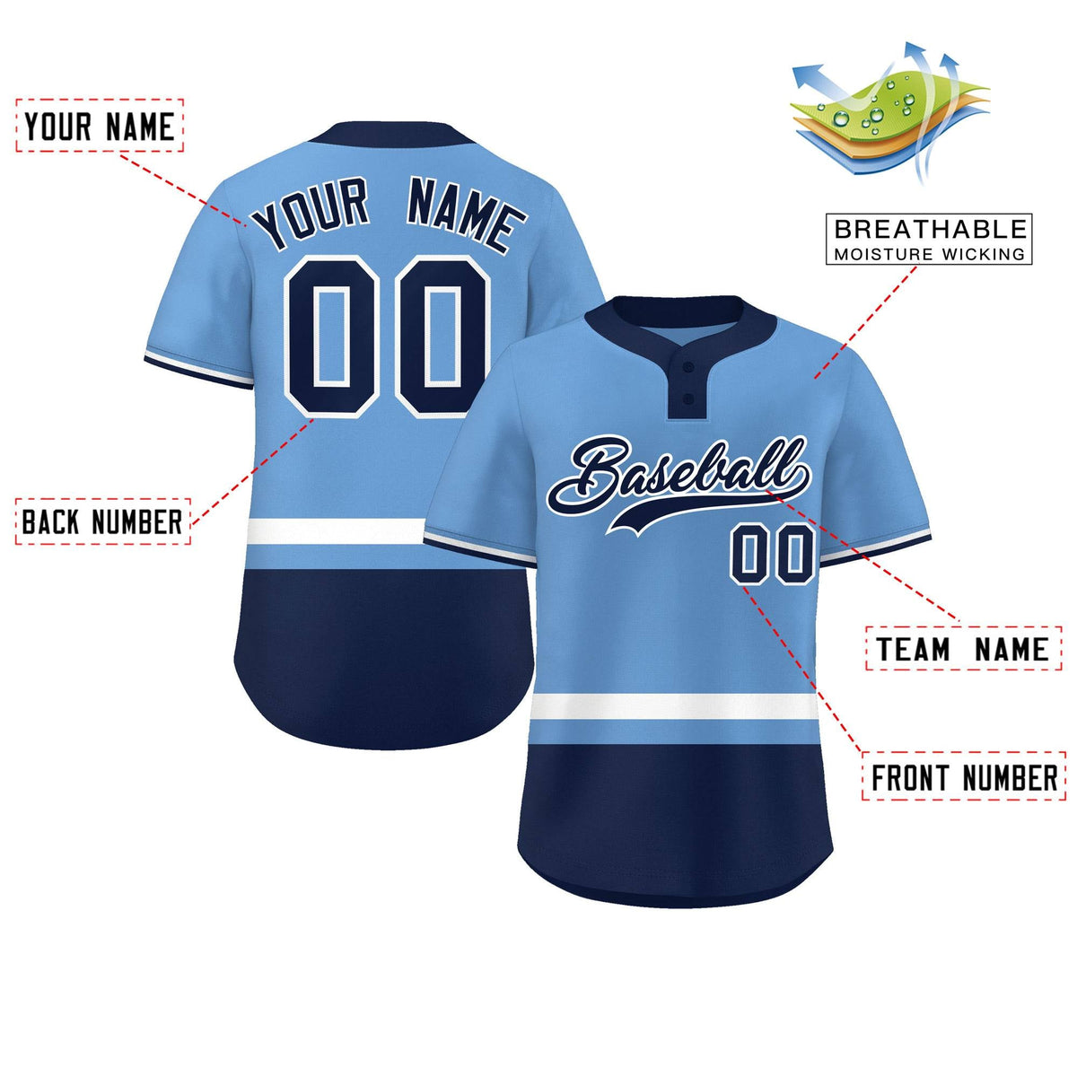 Custom Light Blue White-Navy Color Block Personalized Authentic Two-Button Softball Jersey