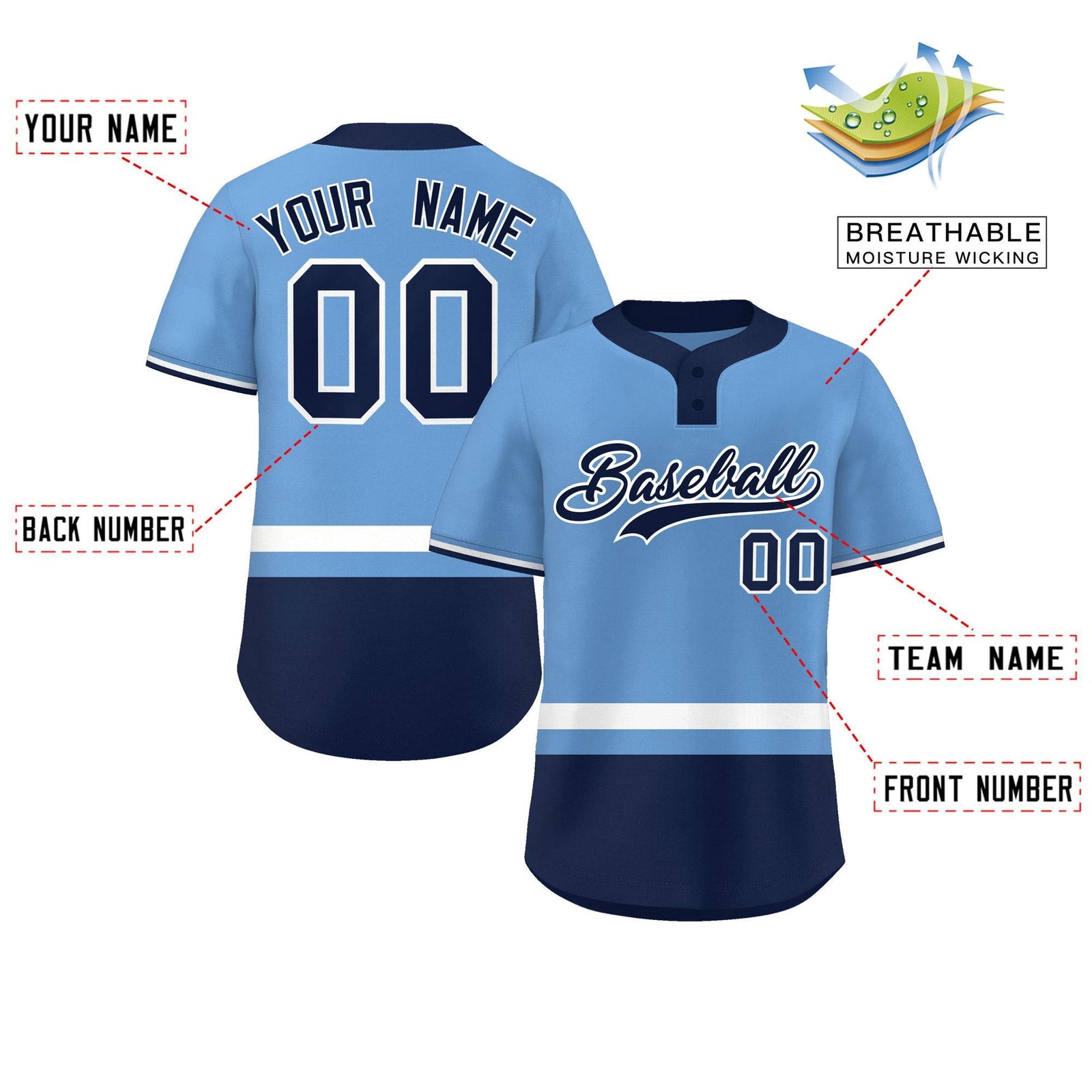 Custom Light Blue White-Navy Color Block Personalized Authentic Two-Button Softball Jersey
