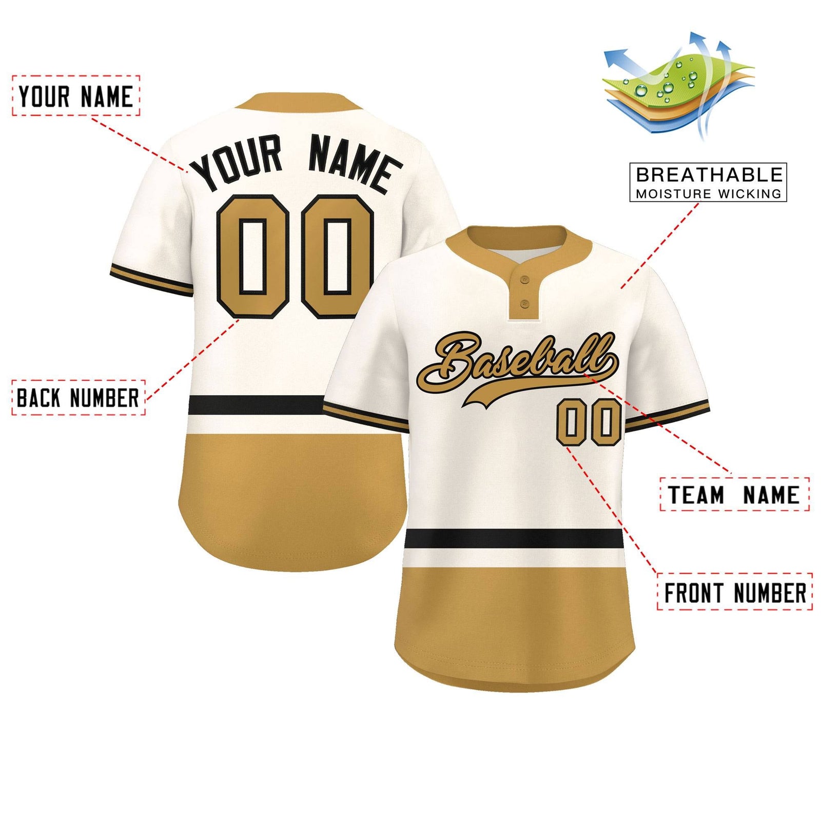 Custom Cream Black-Old Gold Color Block Personalized Authentic Two-Button Softball Jersey