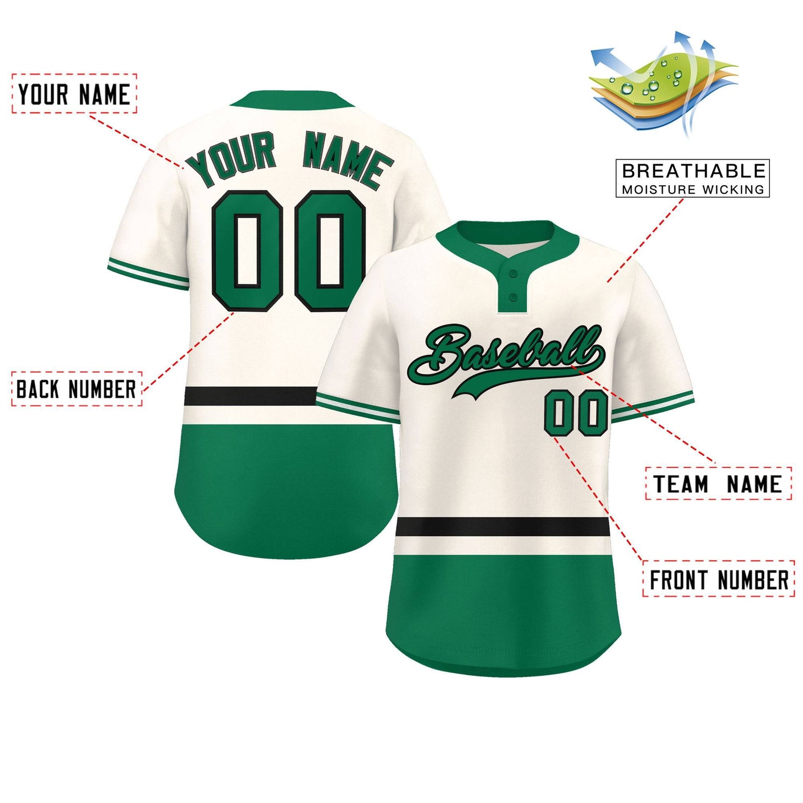 Custom Cream Black-Kelly Green Color Block Personalized Authentic Two-Button Softball Jersey