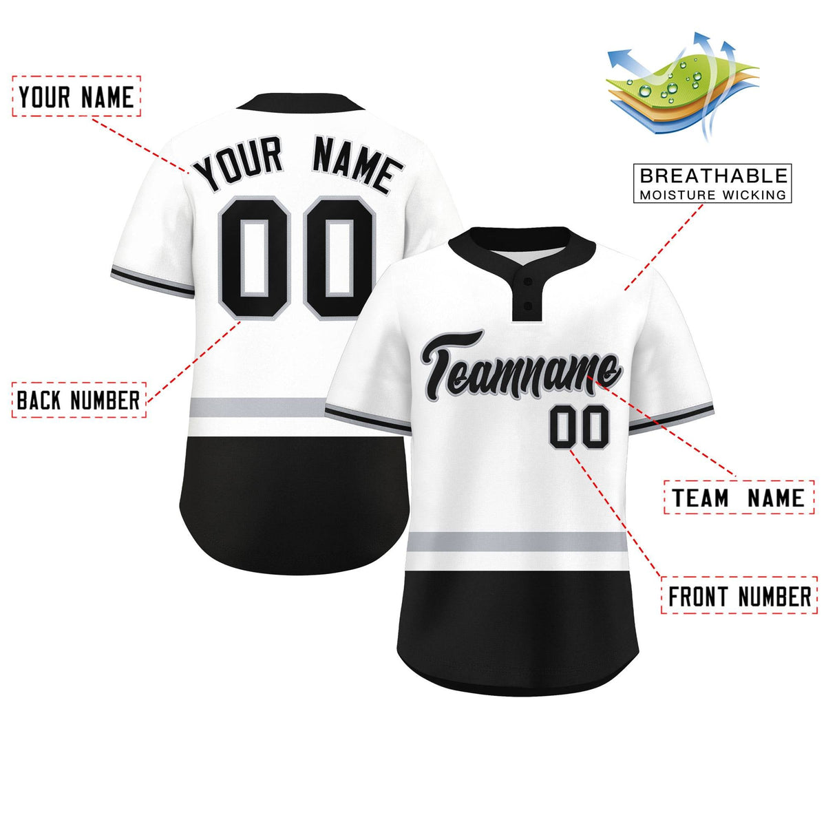 Custom White Gray-Black Color Block Personalized Authentic Two-Button Softball Jersey