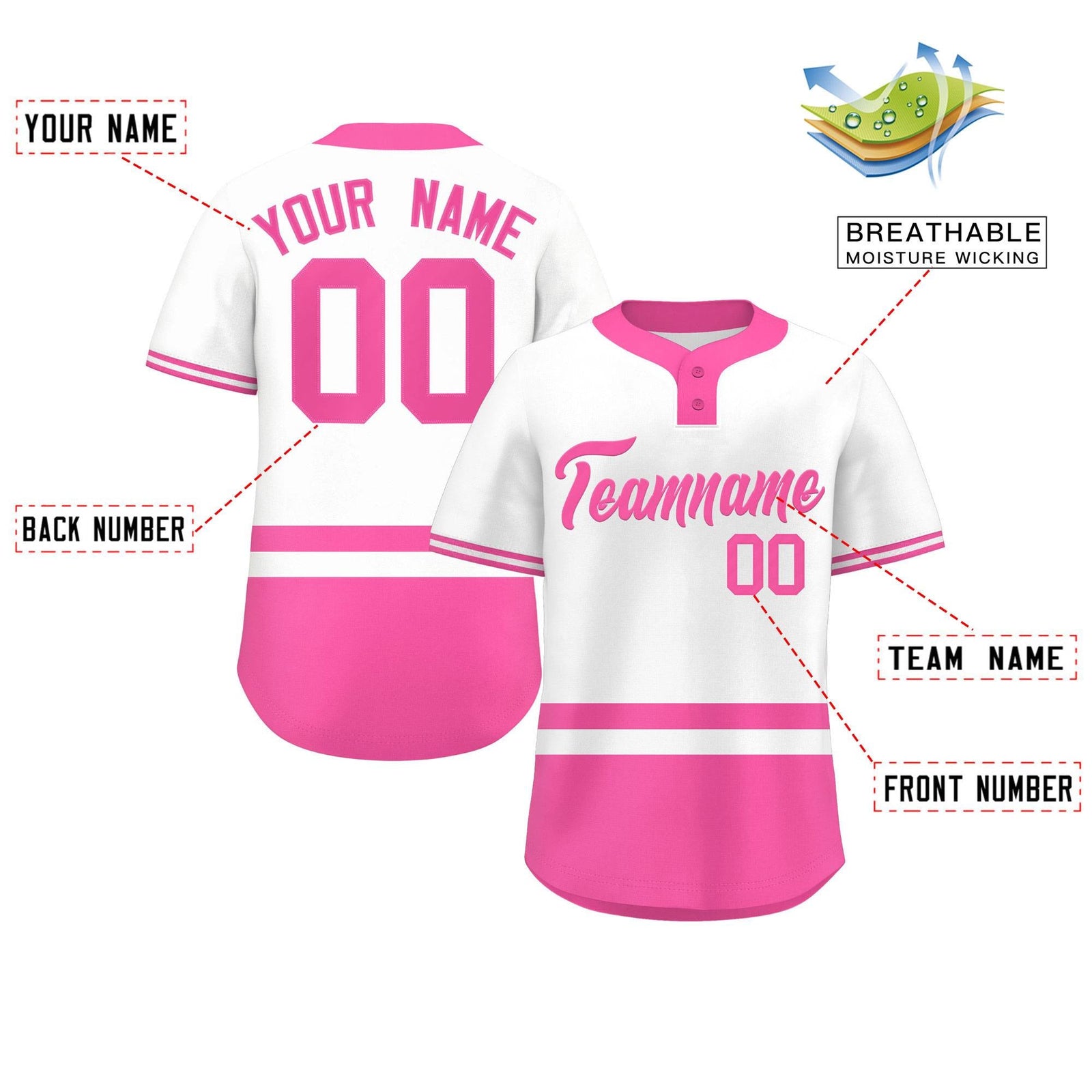 Custom White Pink Color Block Personalized Authentic Two-Button Softball Jersey