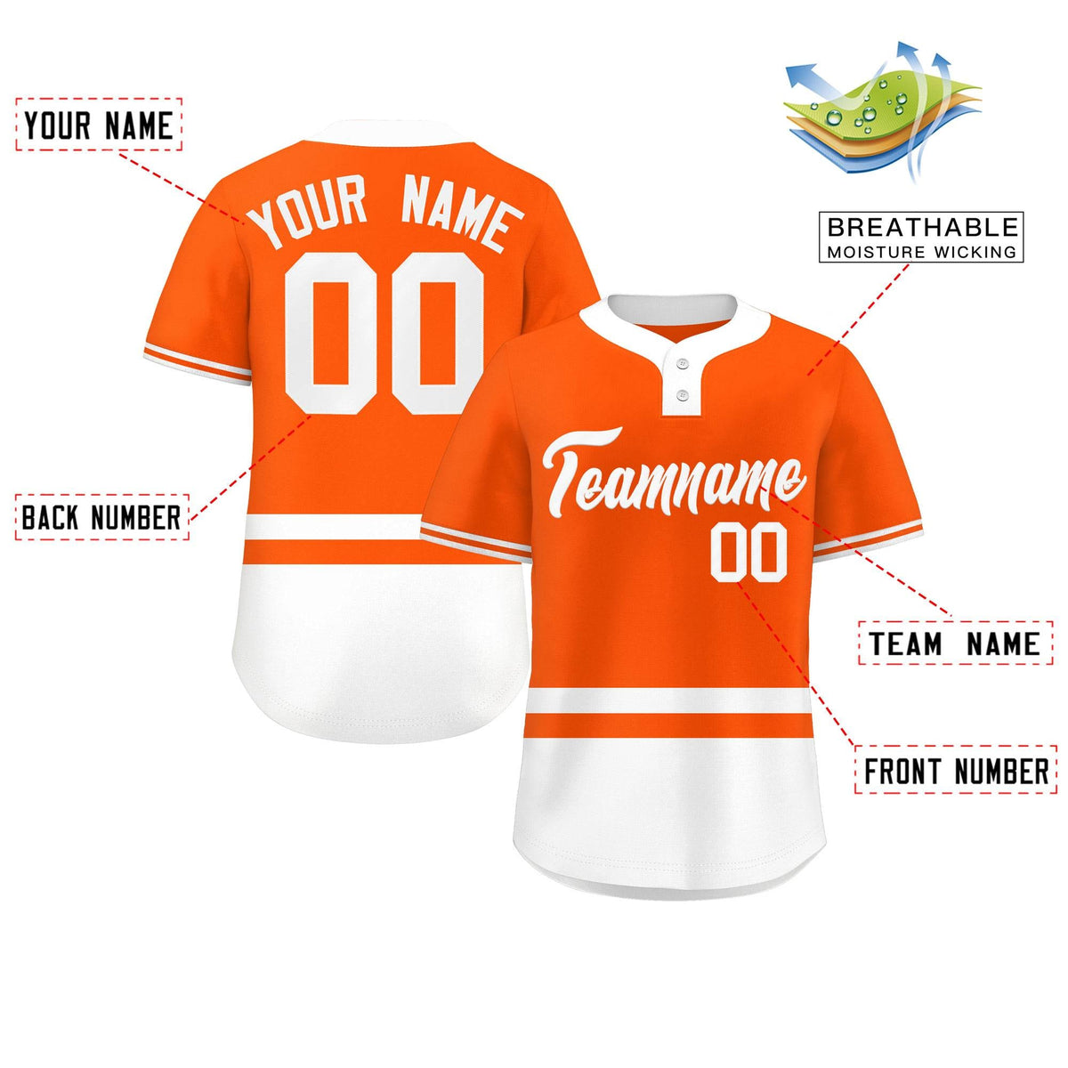 Custom Orange White Color Block Personalized Authentic Two-Button Softball Jersey