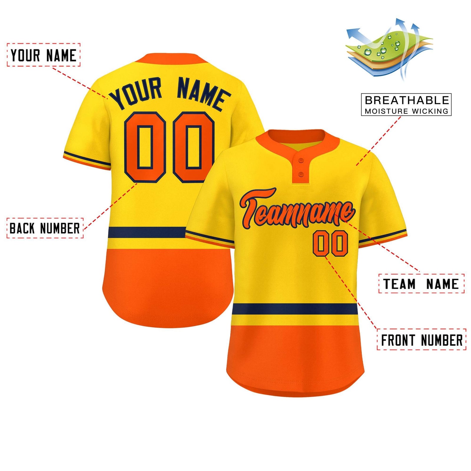 Custom Gold Navy-Orange Color Block Personalized Authentic Two-Button Softball Jersey