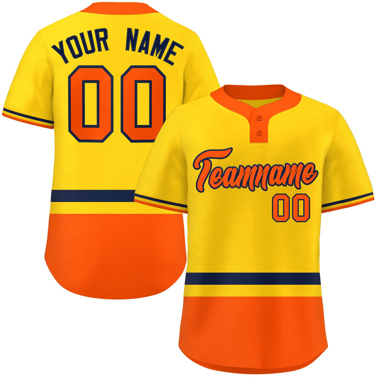 Custom Gold Navy-Orange Color Block Personalized Authentic Two-Button Softball Jersey