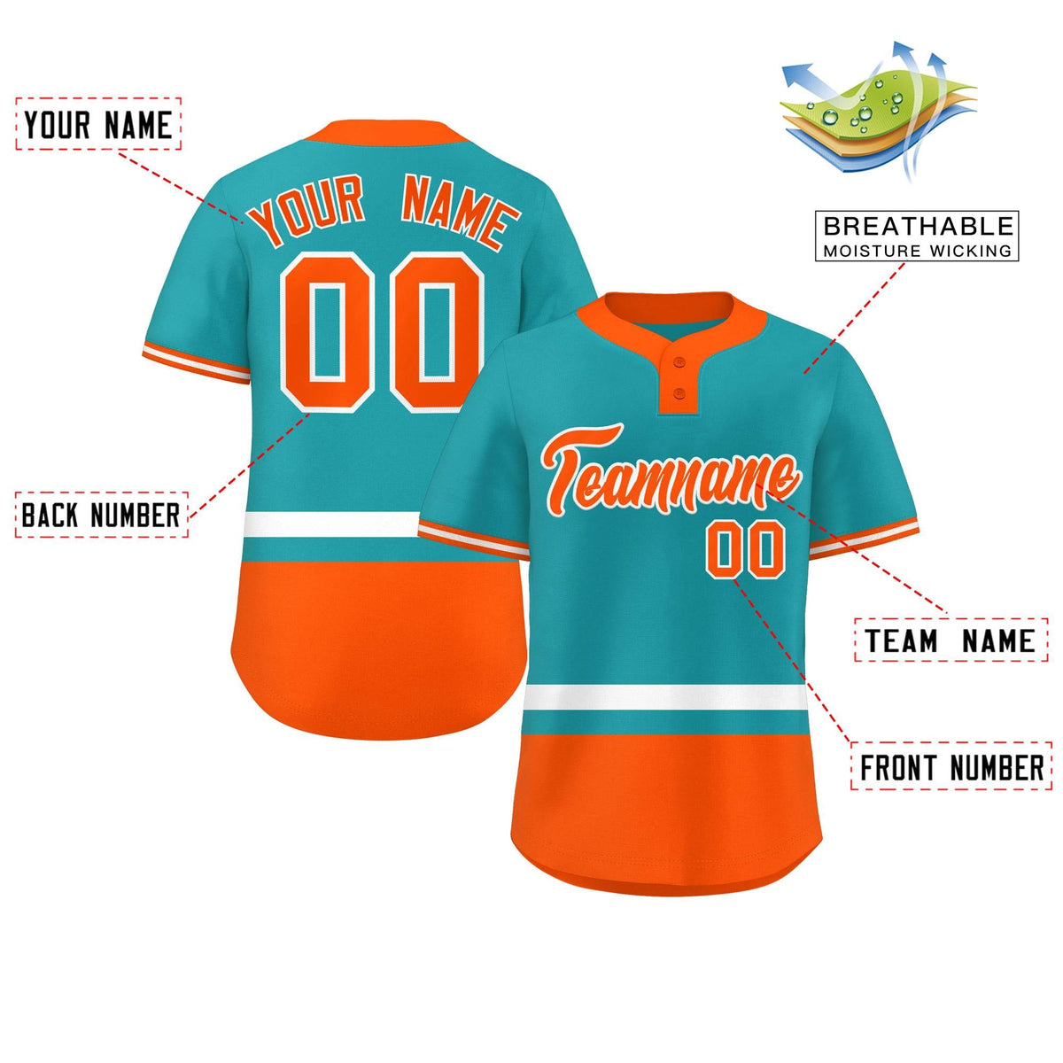Custom Aqua White-Orange Color Block Personalized Authentic Two-Button Softball Jersey