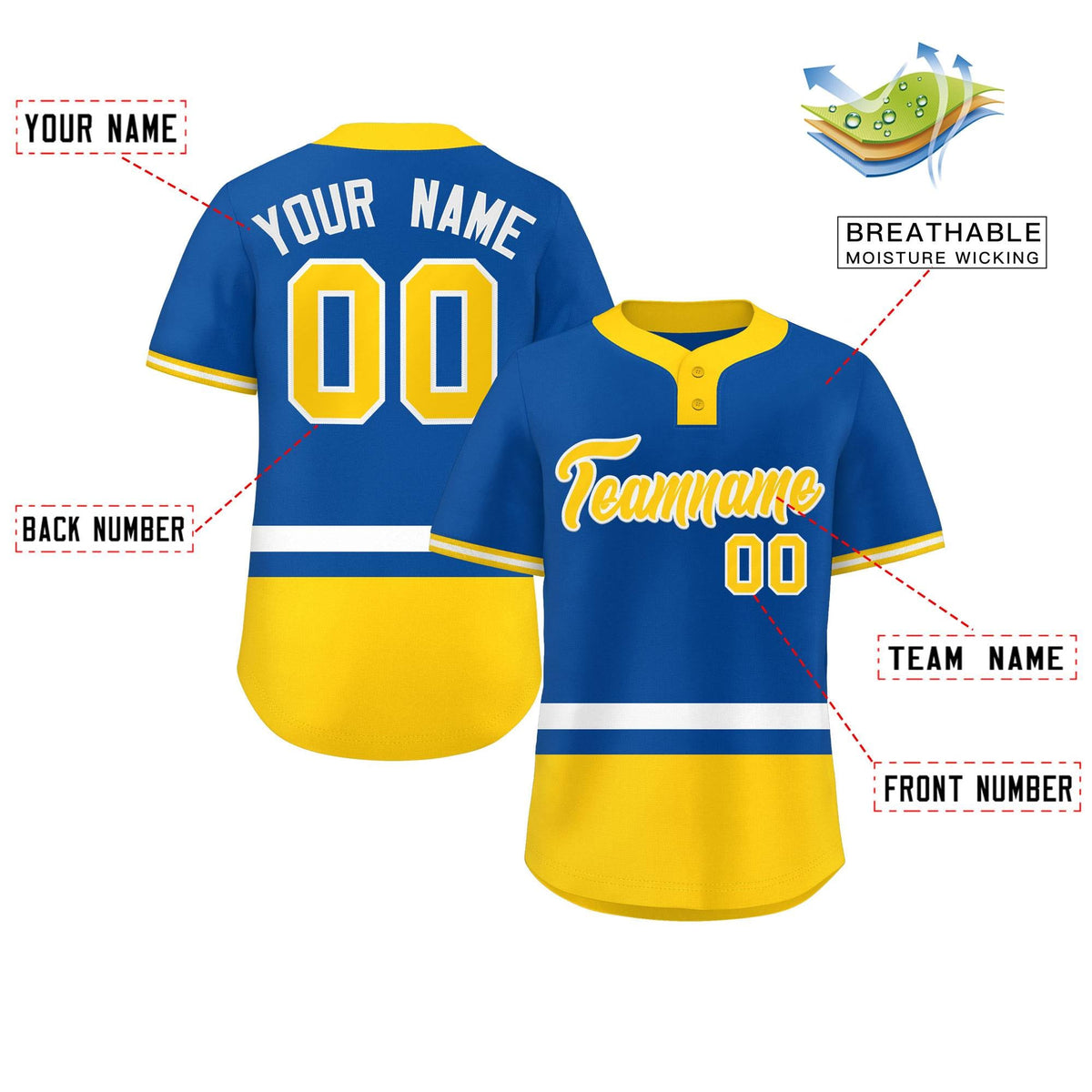 Custom Royal White-Gold Color Block Personalized Authentic Two-Button Softball Jersey
