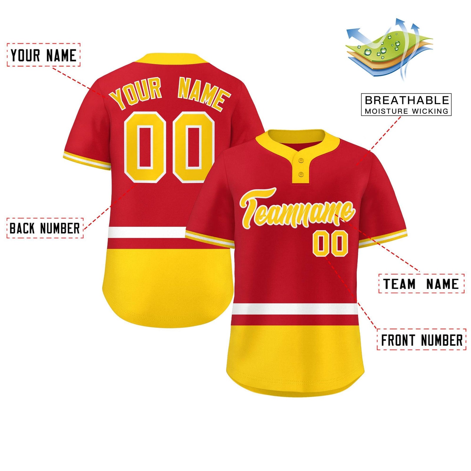 Custom Red White-Gold Color Block Personalized Authentic Two-Button Softball Jersey