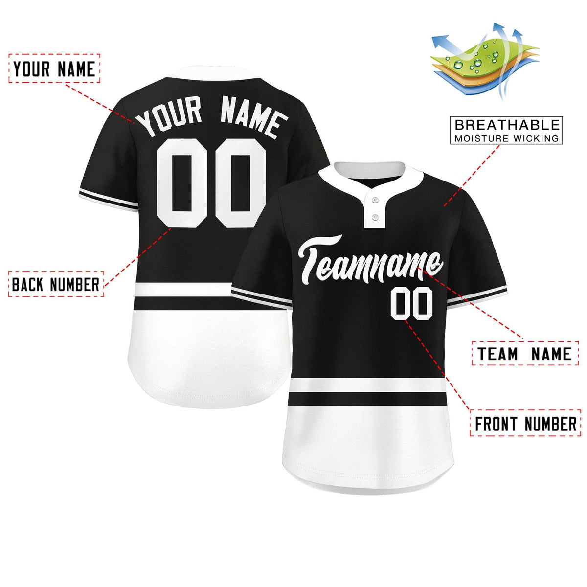Custom Black White Color Block Personalized Authentic Two-Button Softball Jersey