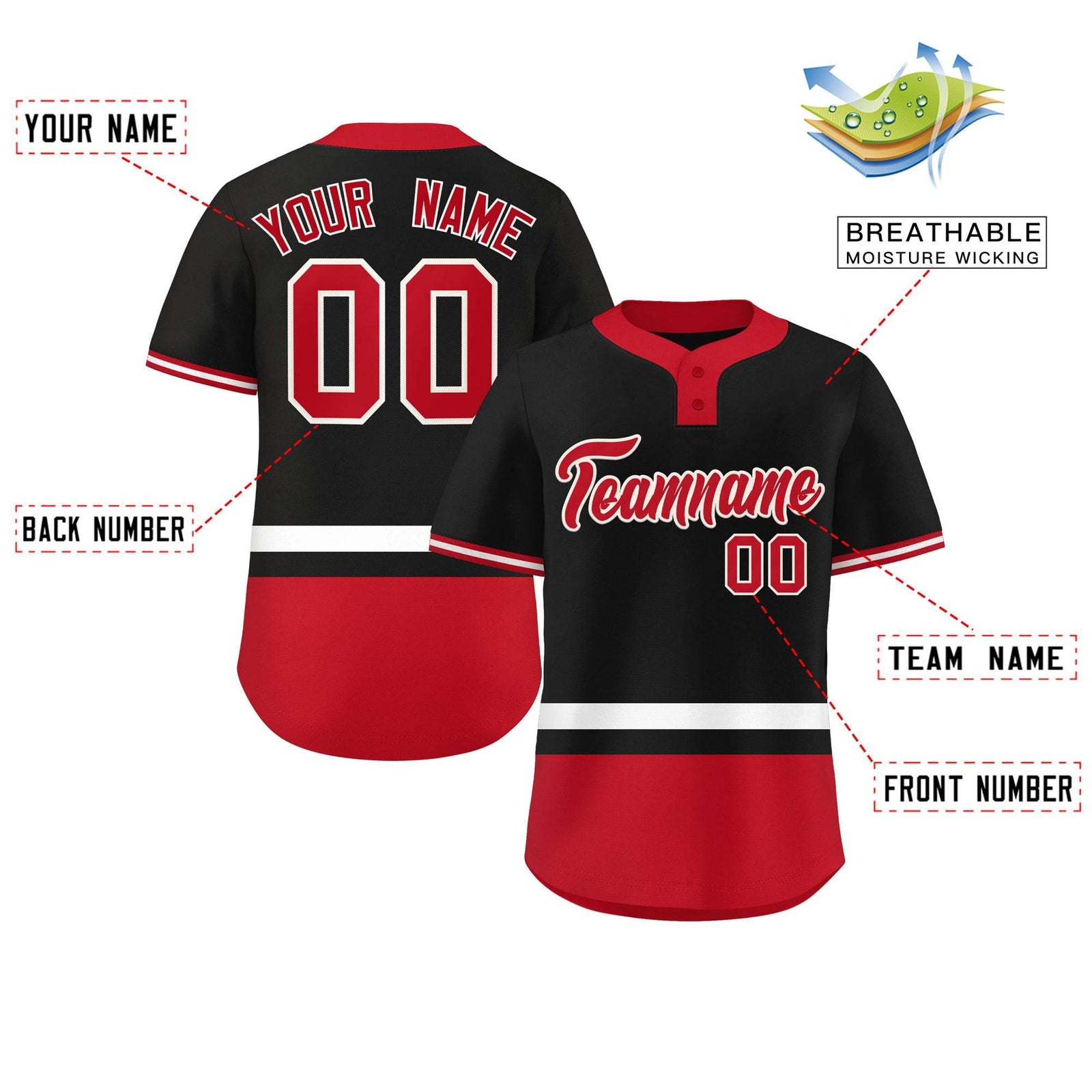 Custom Black White-Red Color Block Personalized Authentic Two-Button Softball Jersey