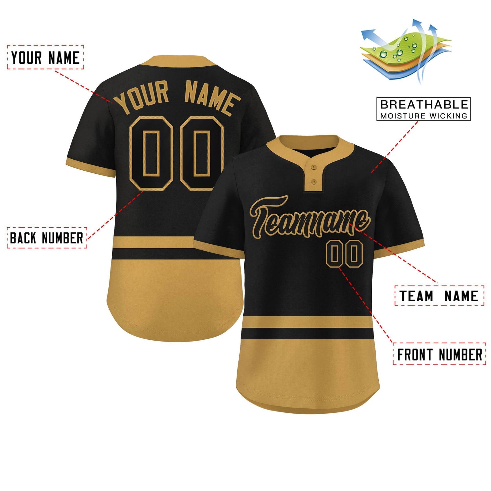 Custom Black Old Gold Color Block Personalized Authentic Two-Button Softball Jersey