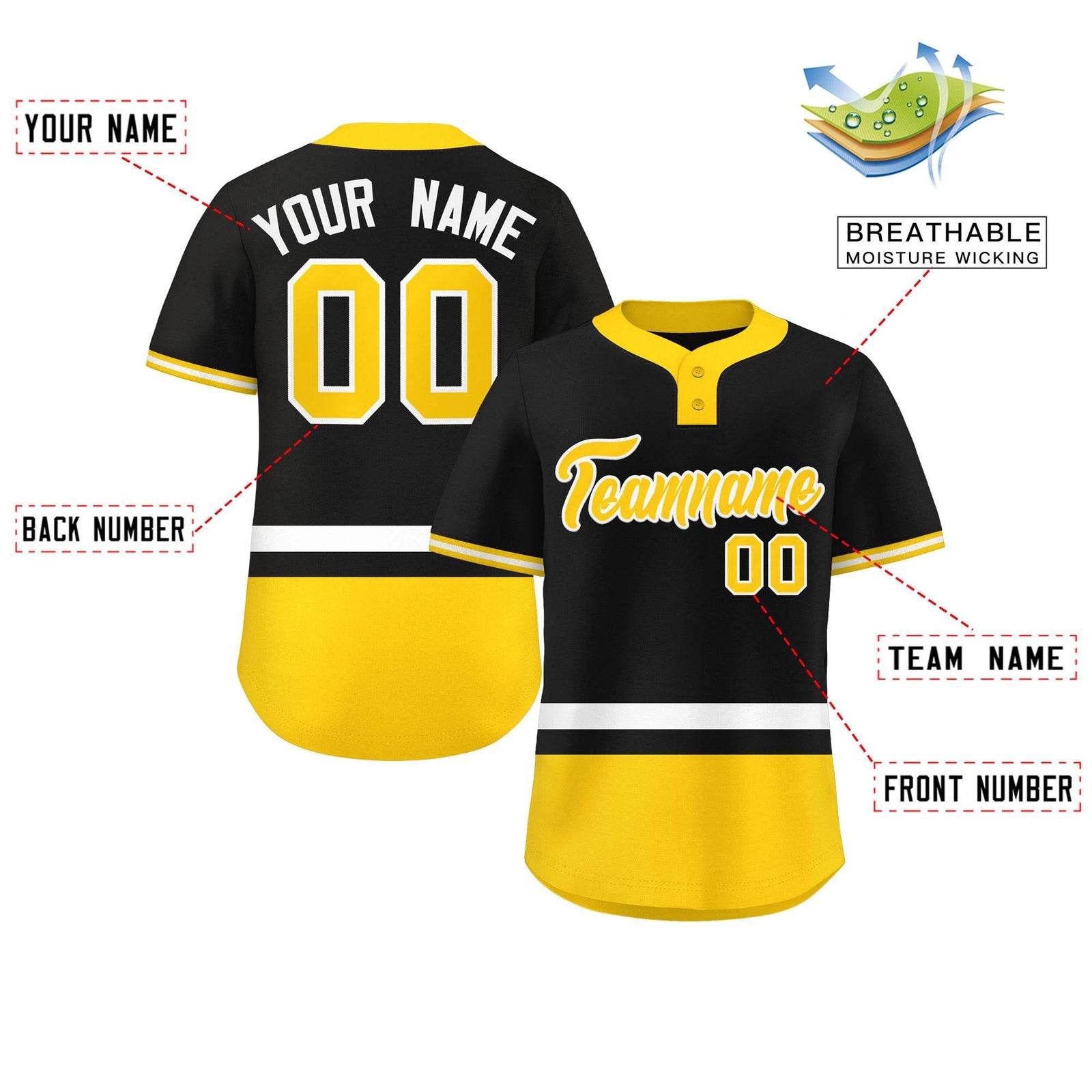 Custom Black White-Gold Color Block Personalized Authentic Two-Button Softball Jersey