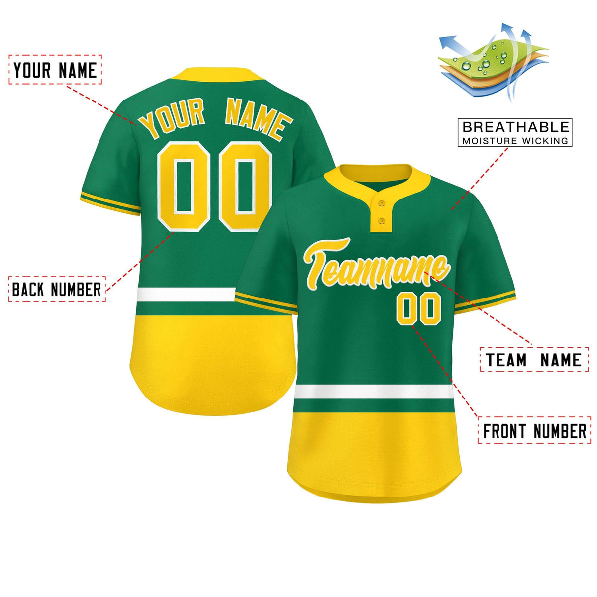 Custom Kelly Green White-Gold Color Block Personalized Authentic Two-Button Softball Jersey