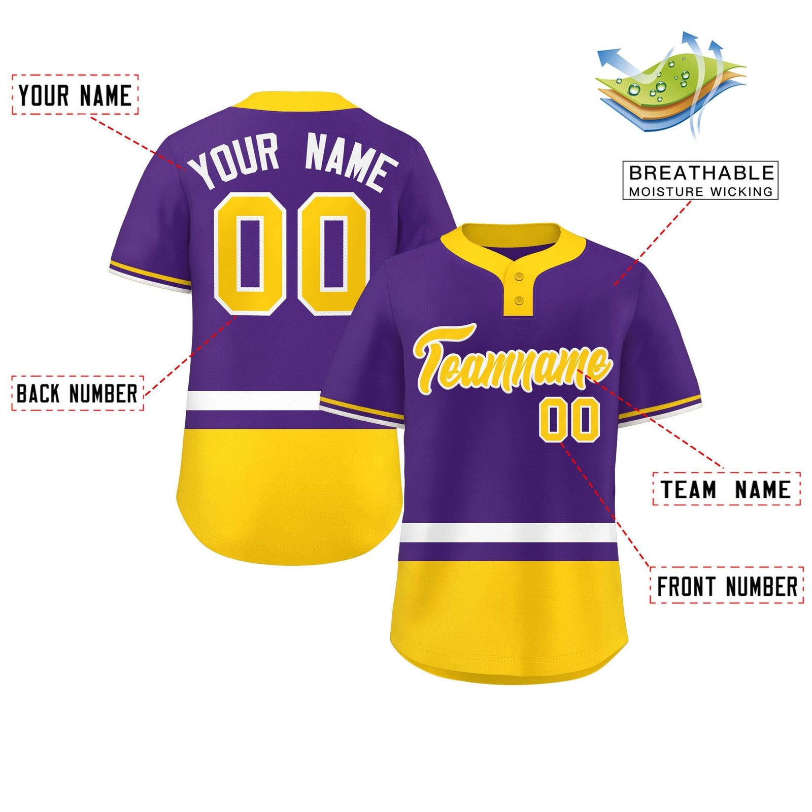 Custom Purple White-Gold Color Block Personalized Authentic Two-Button Softball Jersey