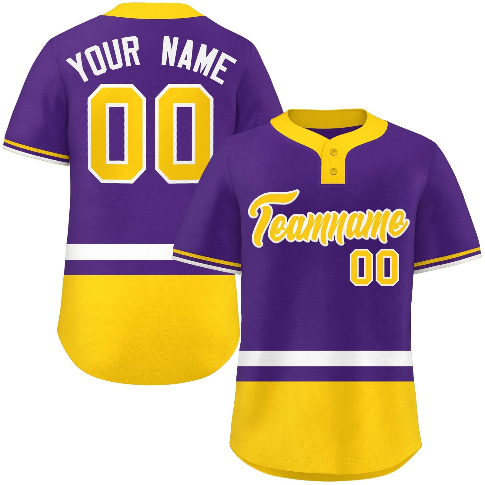 Custom Purple White-Gold Color Block Personalized Authentic Two-Button Softball Jersey