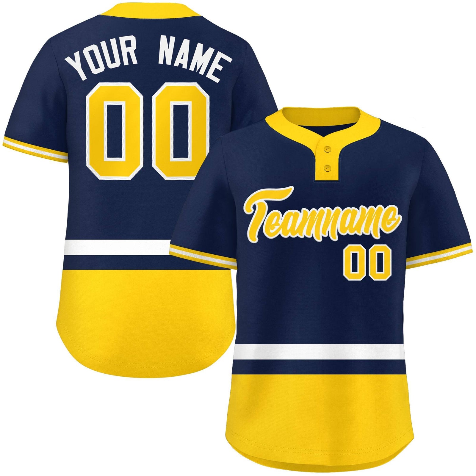 Custom Navy White-Gold Color Block Personalized Authentic Two-Button Softball Jersey